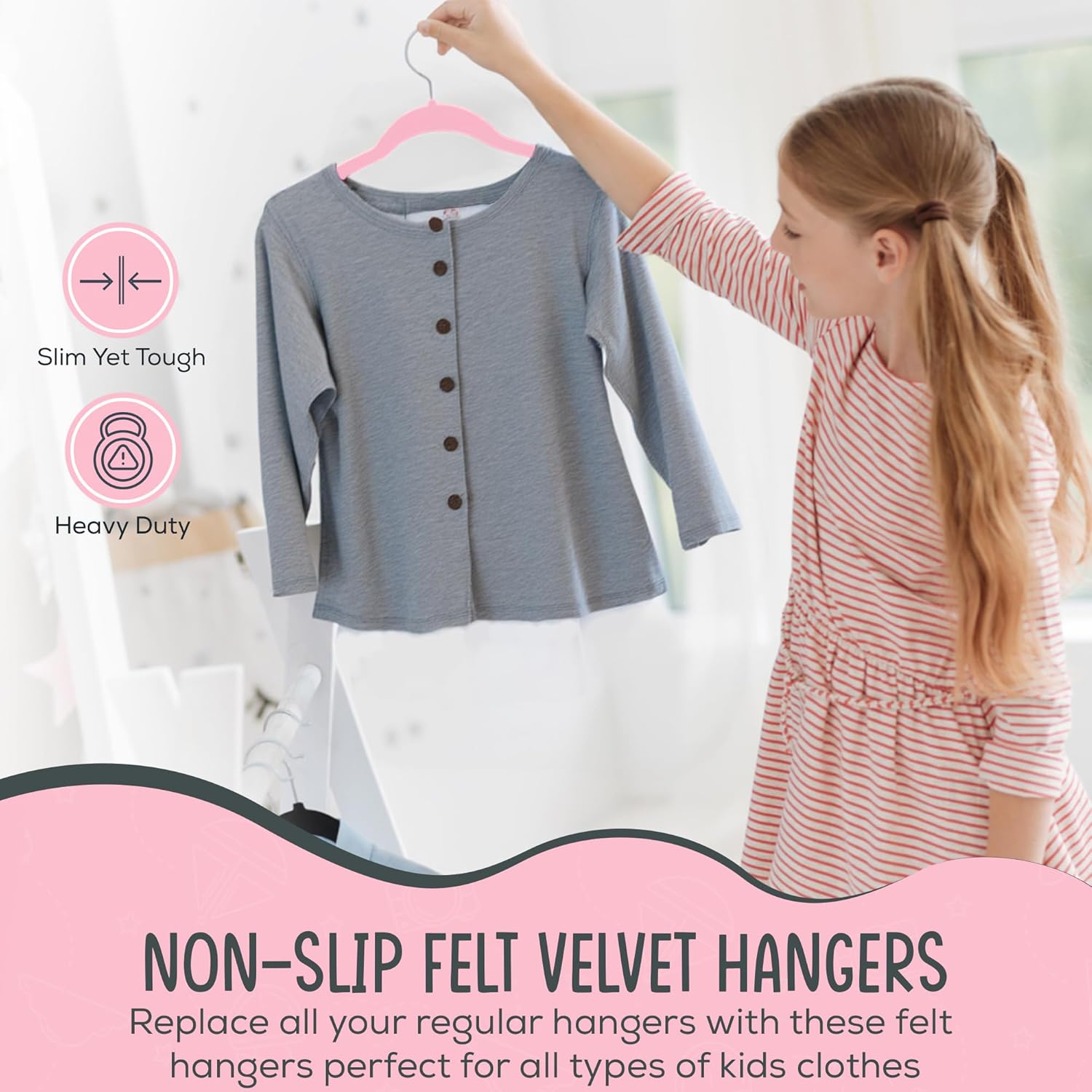 50 Premium Kids Velvet Hangers - 14" Non-Slip Clothes Hangers for Kids & Preteens - Ultra Slim, Space-Saving, Strong & Durable Hangers with 360° Swivel Hook - Pink - Image 4