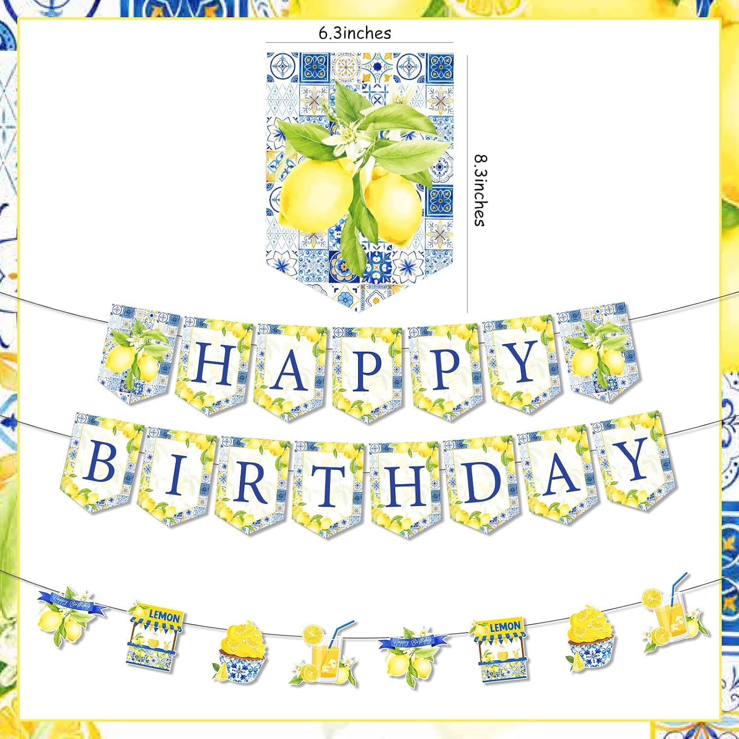 Lemon Happy Birthday Banner with Lemon Garland, Blue Tiles and Lemon Birthday Party Decorations, Capri Lemon Theme Party Supplies