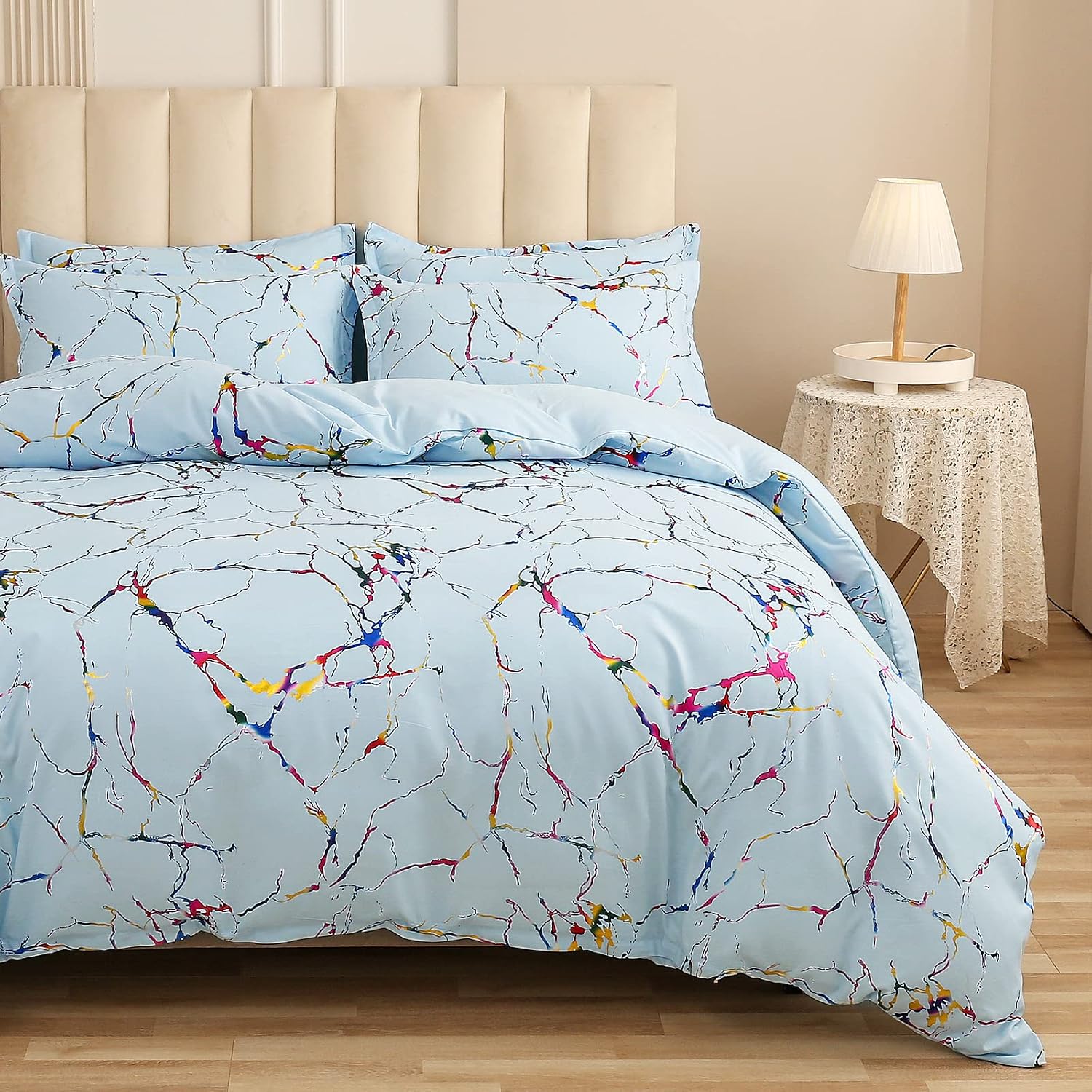 A Nice Night Marble Comforter Set, Gold Metallic Colorful Foil Print Glitter Bedding Set (Queen,Blue)