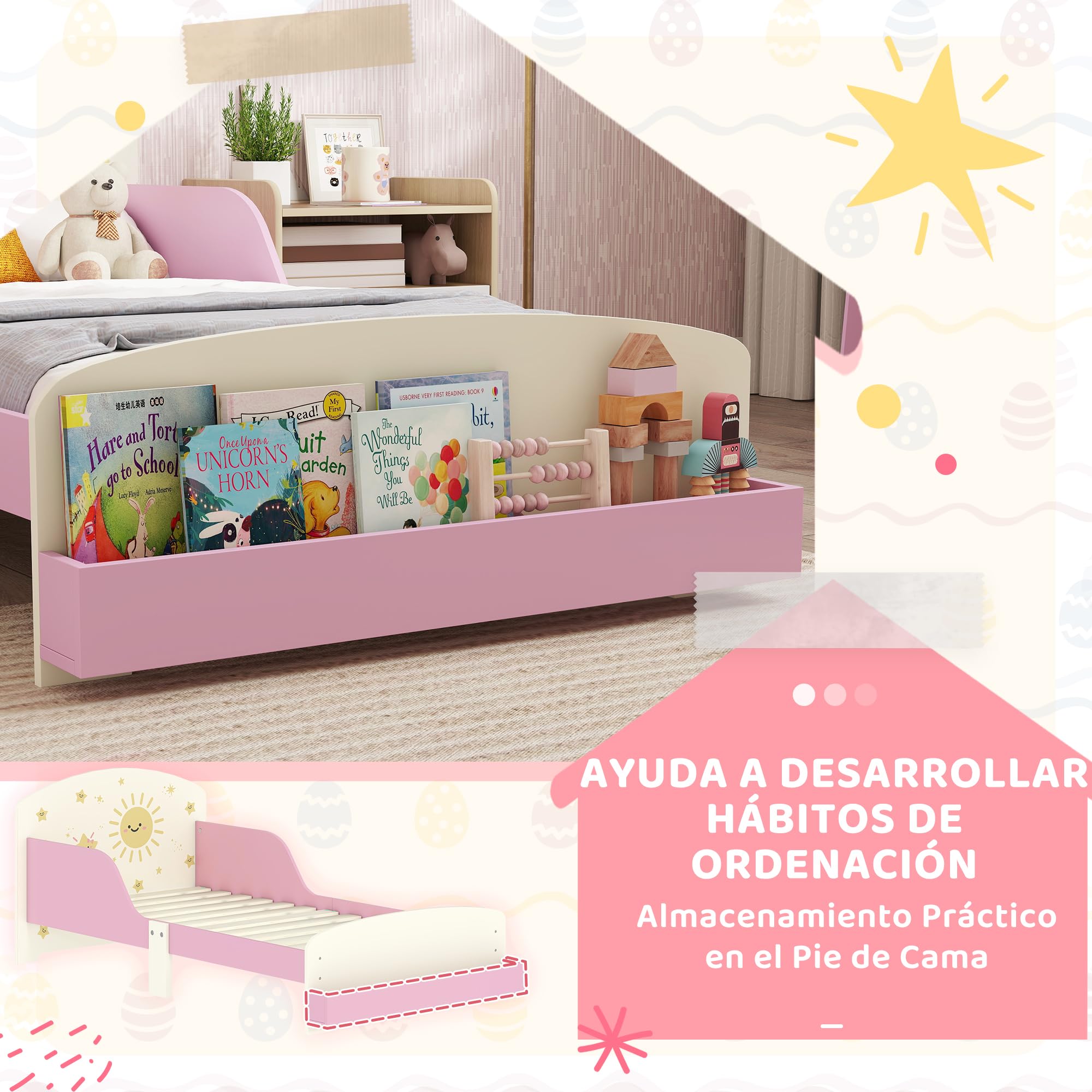 AIYAPLAY Cama Infantil 70x140 cm de Madera con Almacenaje Cama para Niños de +3 Años con Protección Anticaída Cabecero en Dibujos de Estrellas Carga 40 kg para Dormitorio Rosa