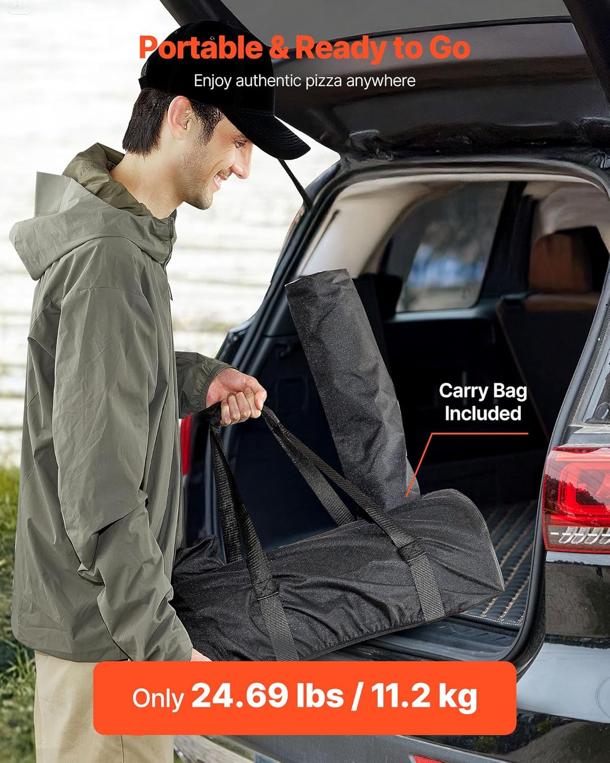 A person placing the VEVOR pizza oven in its carry bag into the trunk of a car, demonstrating its portability.