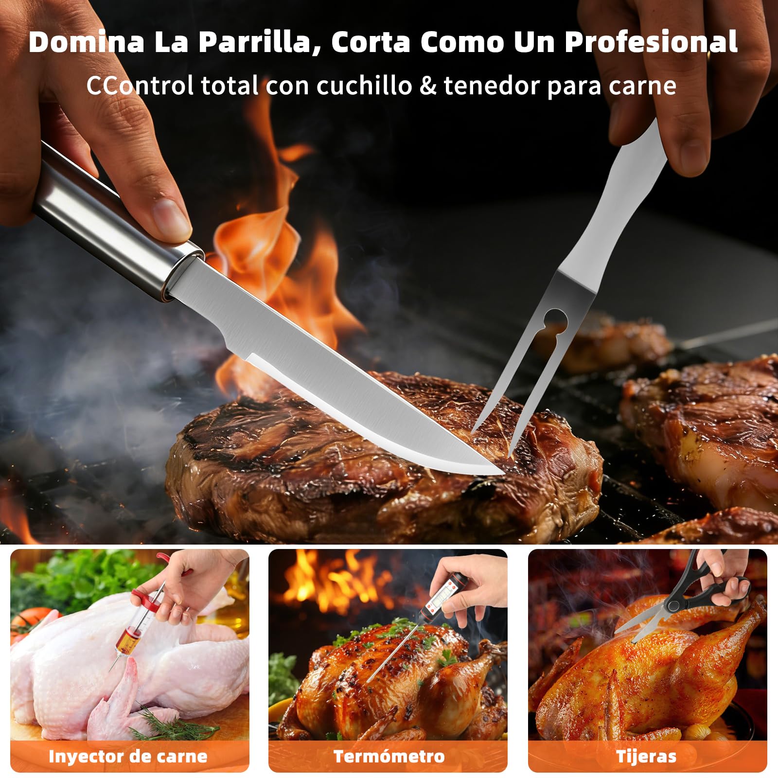 Juego de 32 Piezas Set Accesorios Barbacoa, Acero Inoxidable Kit Utensilios Barbacoa para Asar al Aire Libre con Bolsa, Cuchillo, Termómetro y Jeringa para Carne, Regalo para Hombre, Padre, Cumpleaños