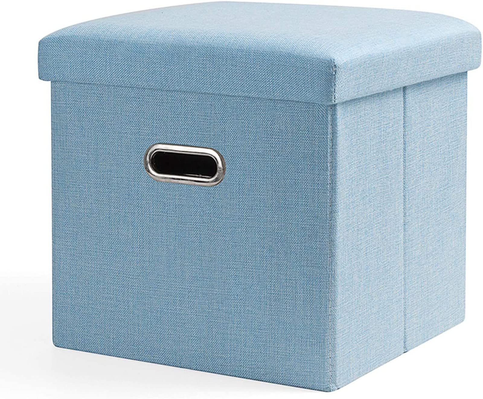 Tabouret de pied pliable près de la table basse, pouf en lin bleu pour salon cocooning