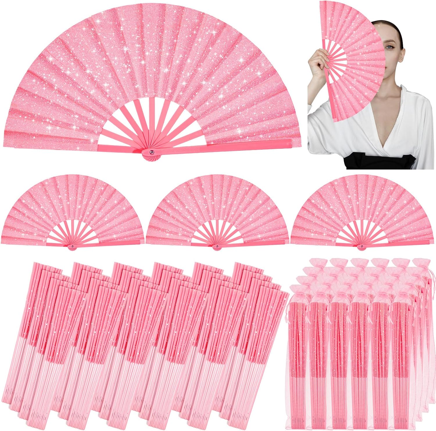 (Similar to stock photo WHITE)24 Pcs Glitter Large Rave Fans Bulk, Folding Handheld Organza Bag, Chinese Tai Chi Kung Fu Fan Gifts for Festivals Rainbow Outfits Edm Wedding Performance Dancing Party(Pink)