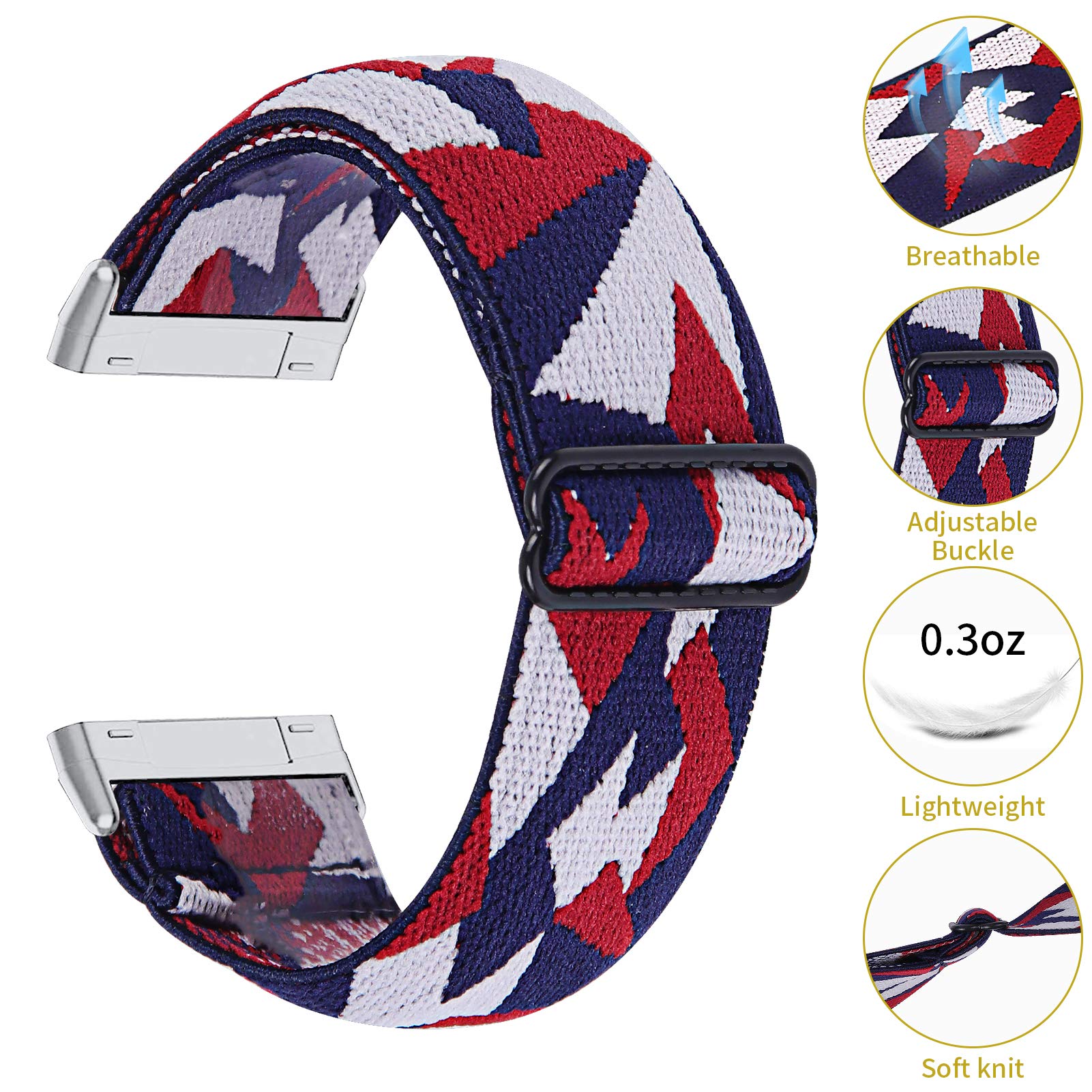 TRISTRAPS Nylon Watch Strap Compatible with Fitbit Versa 3/Sense Strap,Soft Elastic Breathable Replacement Sport Wristbands for Men/Women,18 Colours for Chosen (Blue+white+red) - Image 4