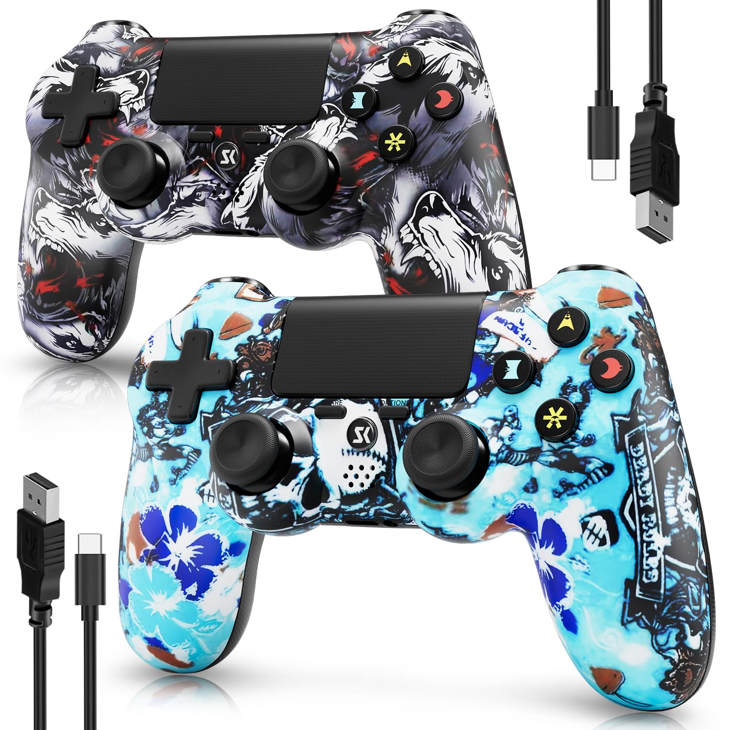 Controller for PS4, Wireless Controller 2 Pack for Sony PlayStation 4/Slim/Pro, with 6-Axis Motion Sensor/Double Vibration/Touch Pad/Speaker & 3.5mm Audio Jack/800mAh Battery/USB-C Cable, Wolf + Blue