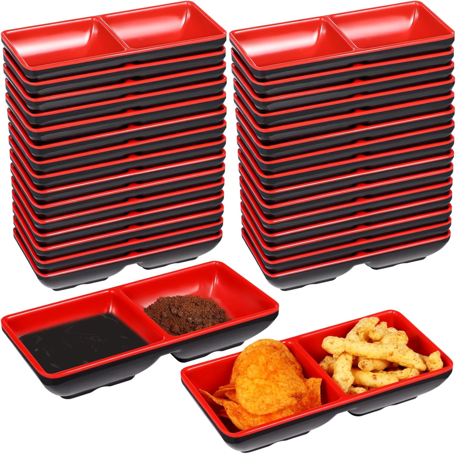 30 Pack Black & Red Divided Serving Dishes - Dual Compartment Melamine Appetizer Plates for Sushi, Condiments & Party Snacks, Restaurant-Grade Dip Bowls Set