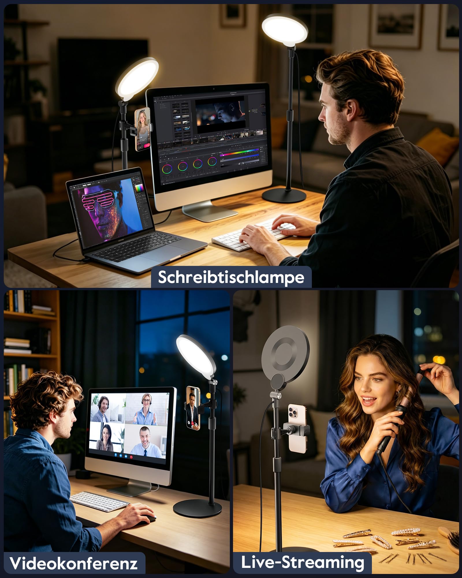 Ringlicht mit Ständer, Schreibtischlampe mit 3 Farbtemperaturen & 10 Helligkeitsstufen, CRI>97,8 Streaming Licht für YouTube Tiktok Videokonferenzen Homeoffice