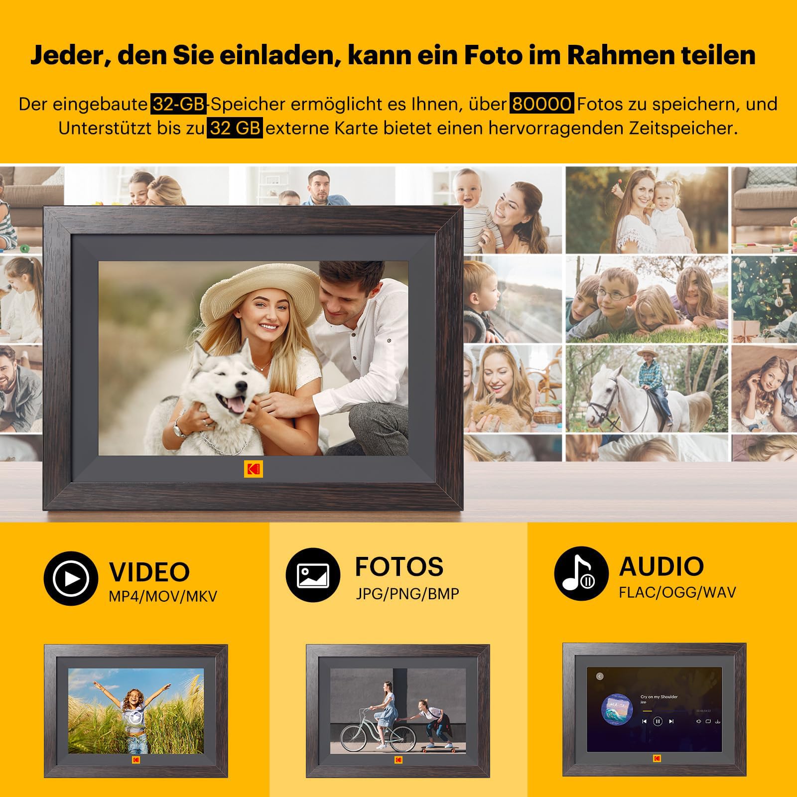 KODAK 10,1 Zoll WiFi Digitaler Bilderrahmen, 1280x800 HD IPS Touchscreen Smarter Bilderrahmen WLAN, 32GB Speicher, Automatische Rotation, Wandmontagefähig, Teilen Sie Fotos sofort von überall aus