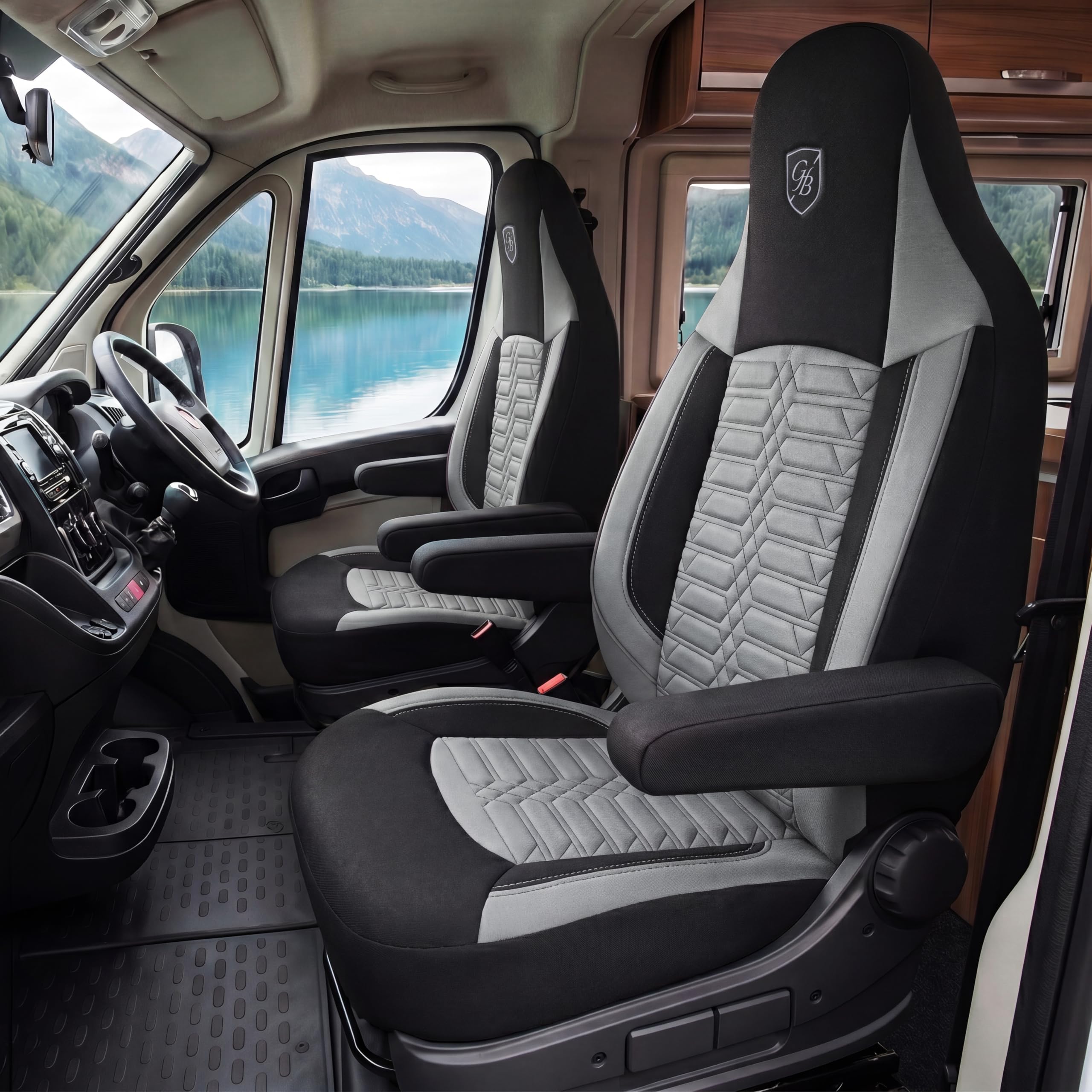 Housses de siège universelles pour camping-cars et caravanes - Housses de siège avant en tissu Lacoste, gris-noir, airbag-compatible, protection pour sièges, ensembles pour sièges avant