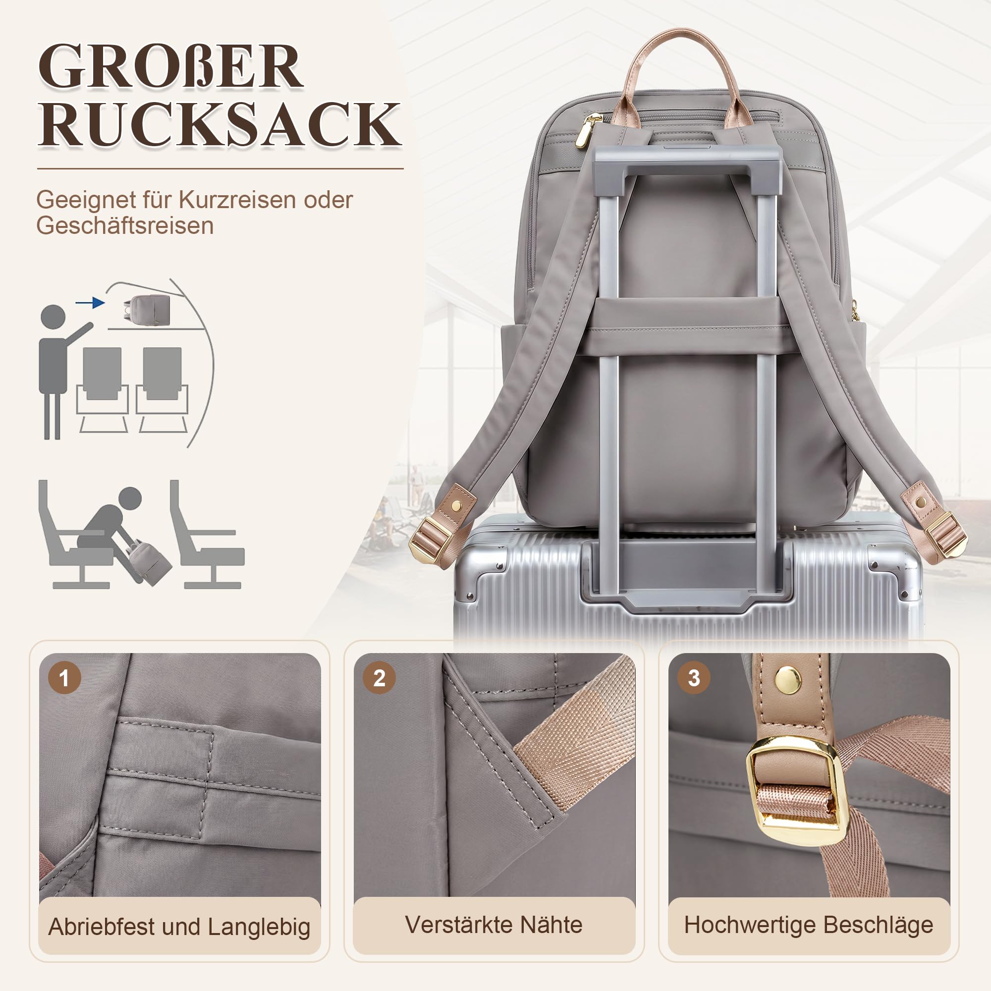 DIRRONA Damenrucksack Modern Leicht, Laptop Rucksack 14 Zoll Tagesrucksack Damen Elegant Rucksack Uni Rucksack Diebstahlsicher Damen Groß Arbeit Reisen Freizeit GeschäFt Sanftes Taupe