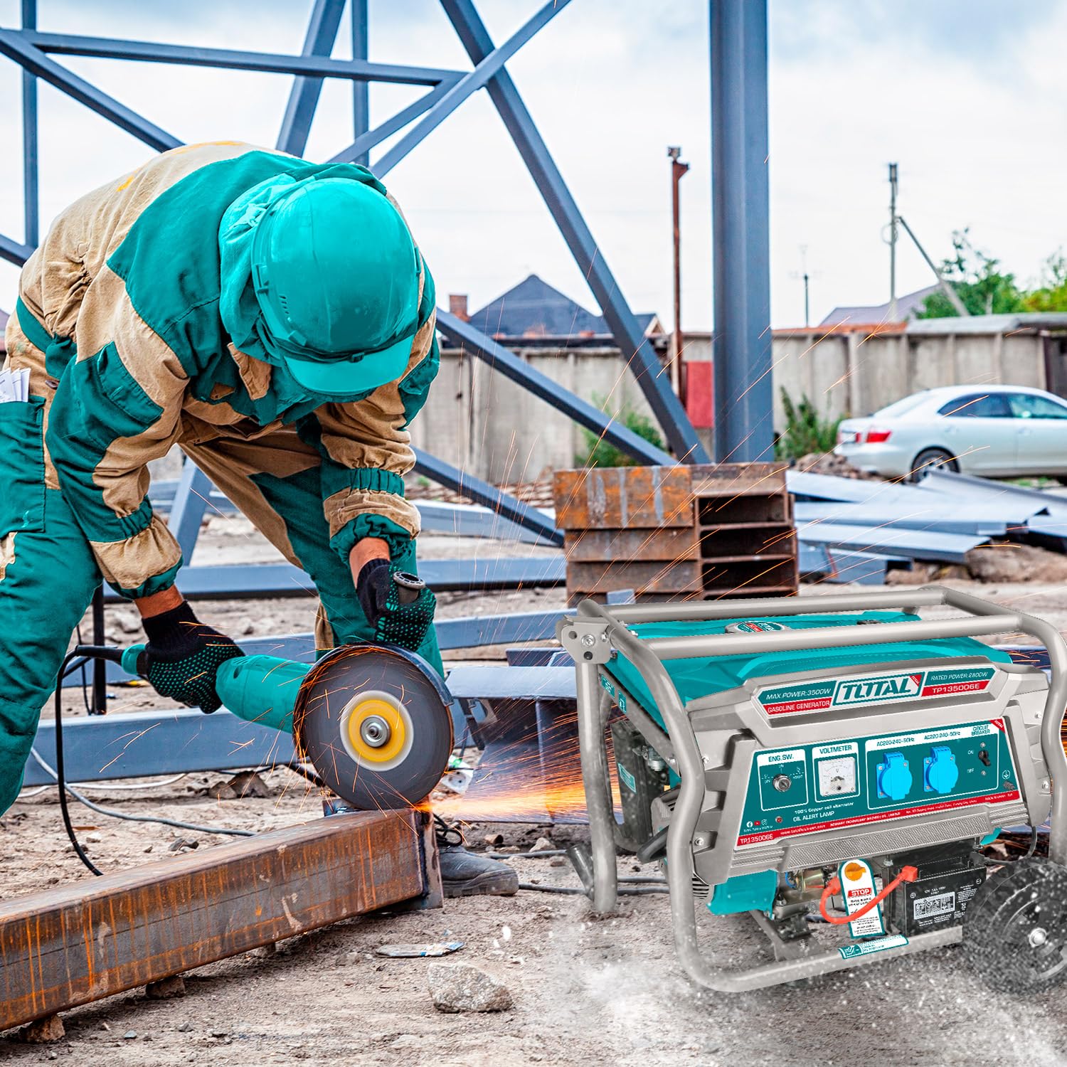 TOTAL - Generatore di Corrente Portatile 3500W a Benzina, Alternatore in Rame, Avviamento Elettrico e Manuale, Motore 4 Tempi OHV, Silenziato, Serbatoio 15L, Ruote e Impugnatura