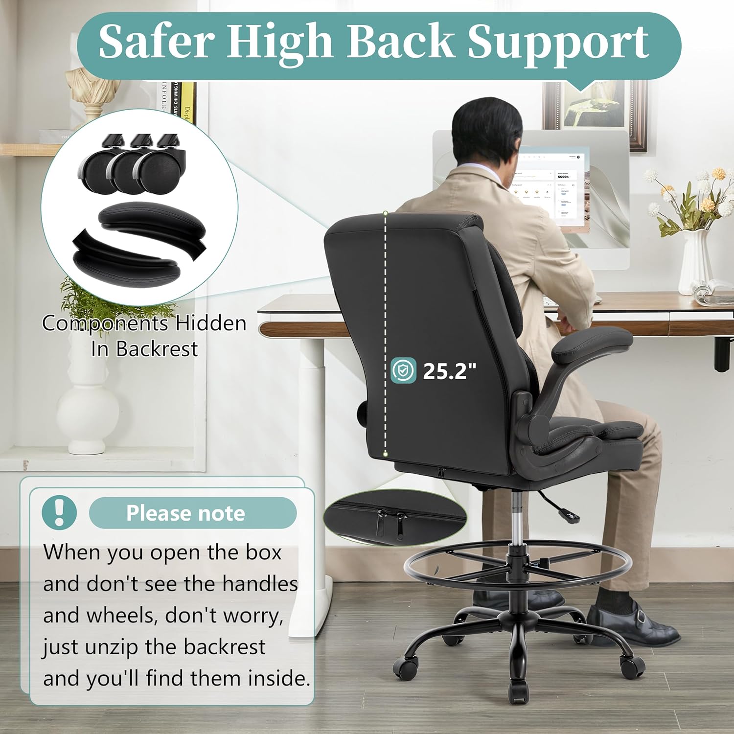 Ergonomic Drafting Chair, Tall Office Chair for Standing Desk, High Back Standing Desk Chair with Flip-Up Armrest, Adjustable Height&Foot Ring, Executive PU Leather Extended Height Office Chairs,Black