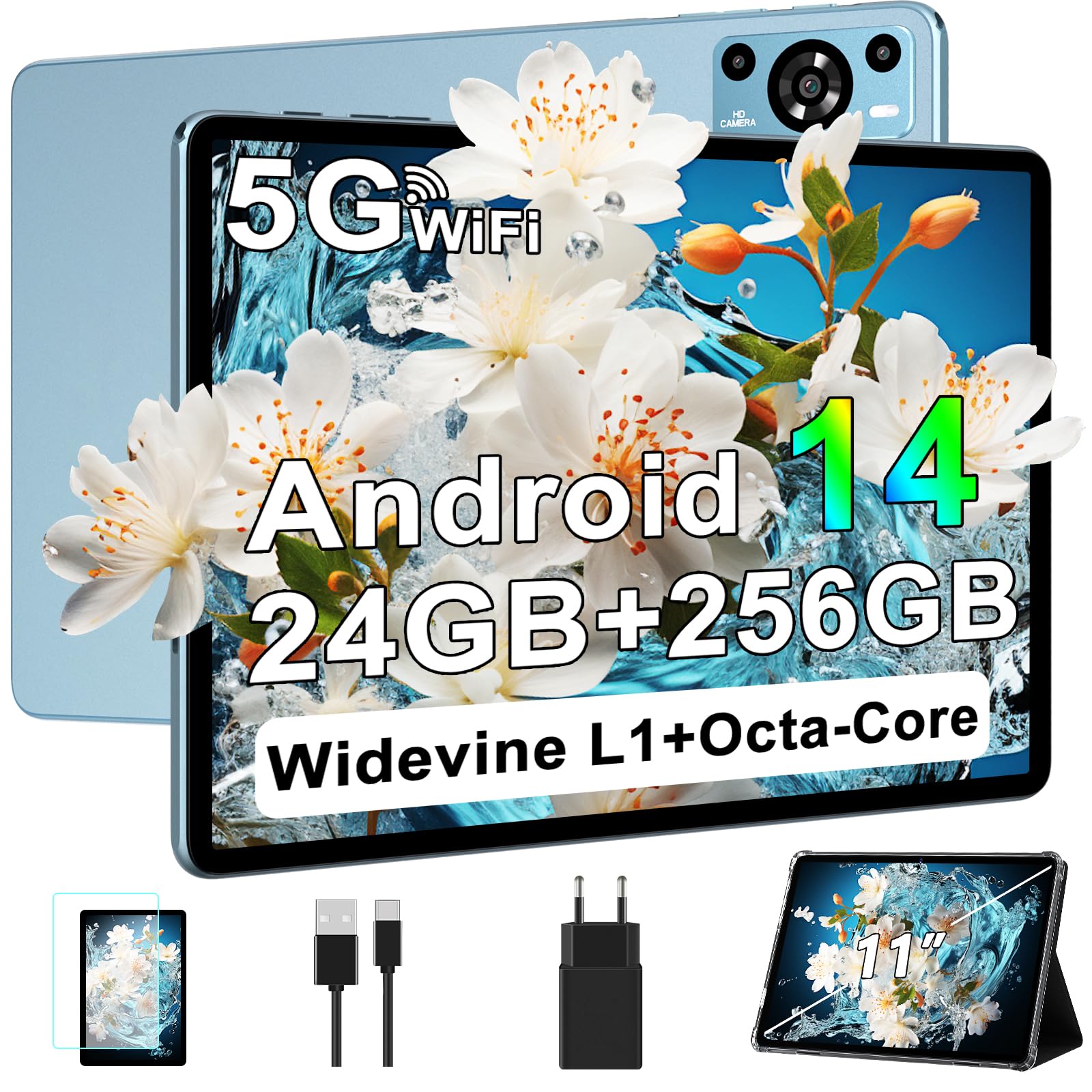 ZIOVO Tablet da 11 pollici, tablet Android 14,24 GB RAM+256 GB ROM/TF 1TB, Octa-Core 2.0 GHz,5 G WiFi/8000 mAh/13+5 MP/GMS Certified/Coperchio in metallo/Widevine L1/Supporto Neflix, Tablet Touch -Blu