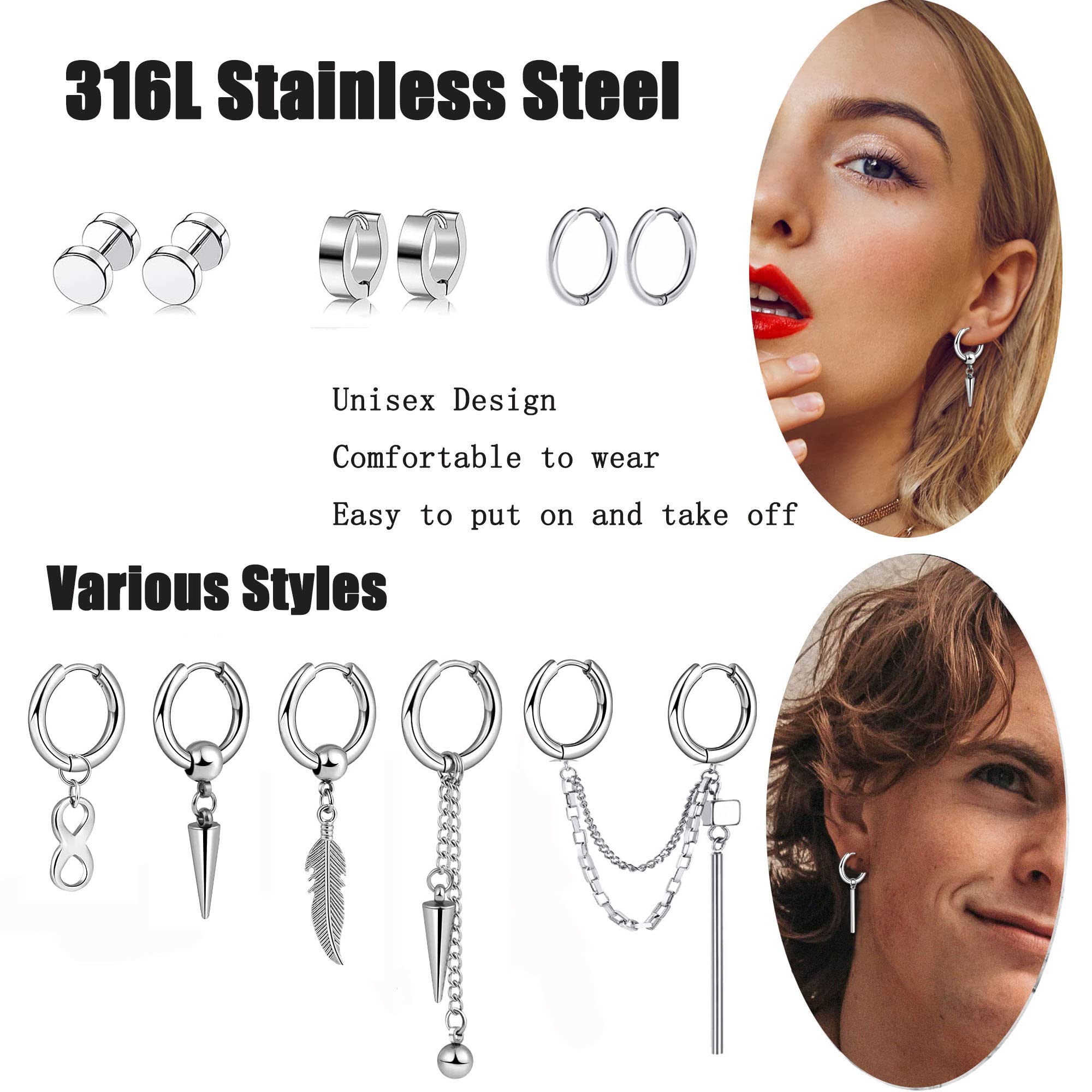40 Paia Di Orecchini A Cerchio In Acciaio Inox Con Pendente A Croce - Goccia E Huggie - Unisex Stile Punk - Foto 2