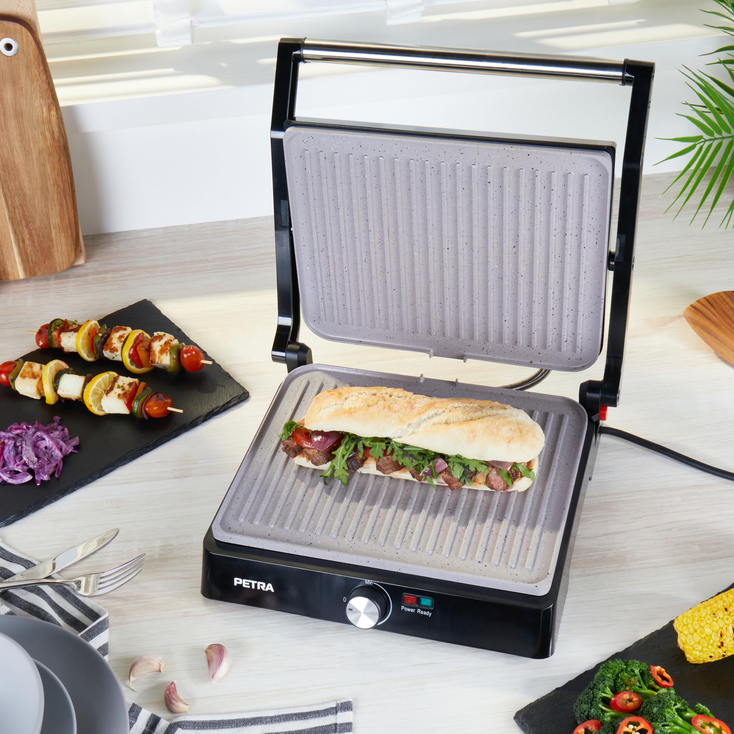 Petra PT4076VDEEU10 Griglia elettrica - Multifunzione presse per panini sandwich, doppia XL 180°, antiaderente, 2 superfici di cottura per verdure, carne e spiedini, non necessita di olio, 2200 W