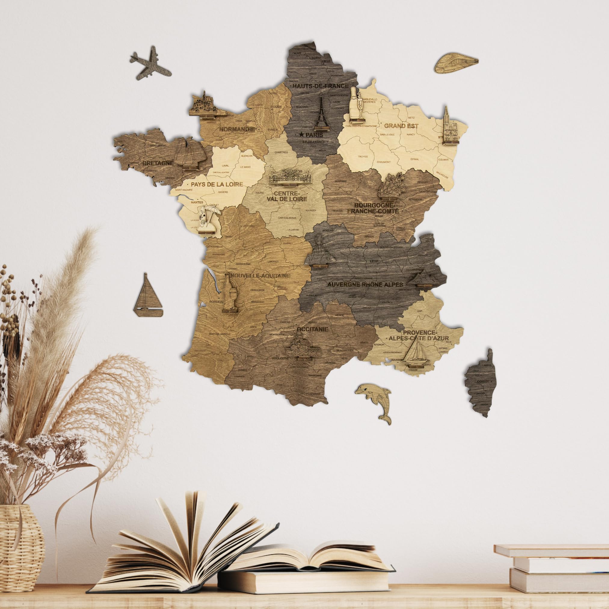 Carte du monde en bois 2D pour décoration murale - Mappemonde en Bois - Art mural - Pour salon, bureau ou chambre (Multicolor, 51L x 50 cm)