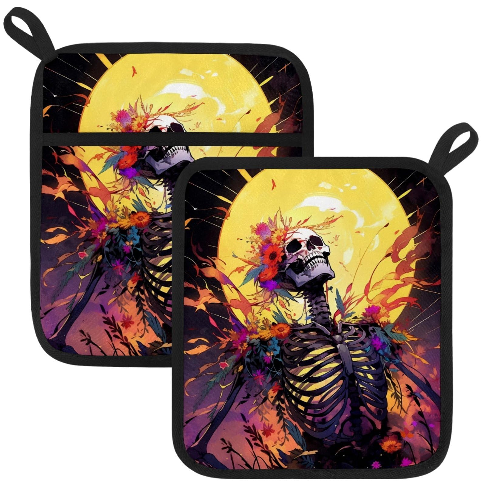 VAPOKF Skeleton Moon Heat Resistant Pot Holders, Thick Pot Holders Pad with Hanging Loop for Kitchen, Oven Cloth Pads for Kitchen Baking Microwave Oven