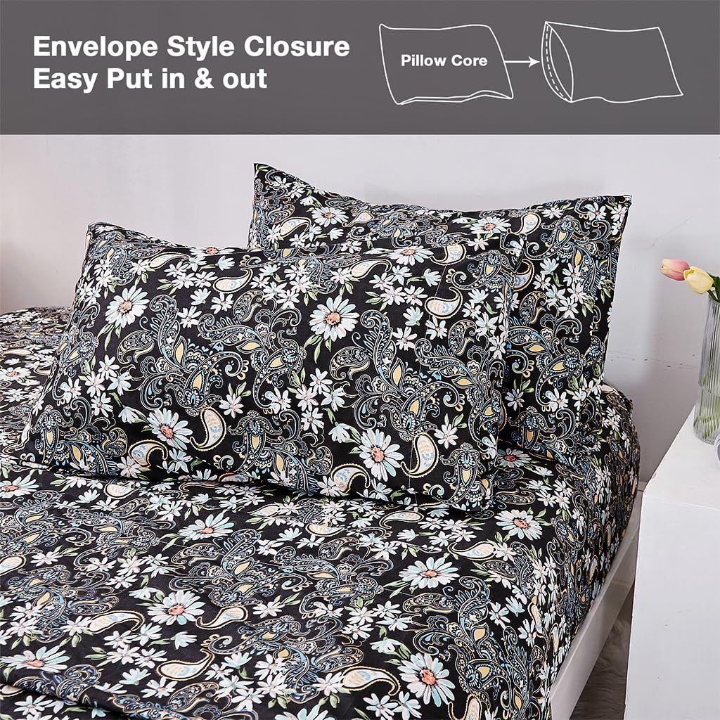 JSD Black Paisley Floral Printed Sheet Set King Size, 4 Piece Soft Pattern Microfiber Sheets Extra Deep Pocket - Image 5