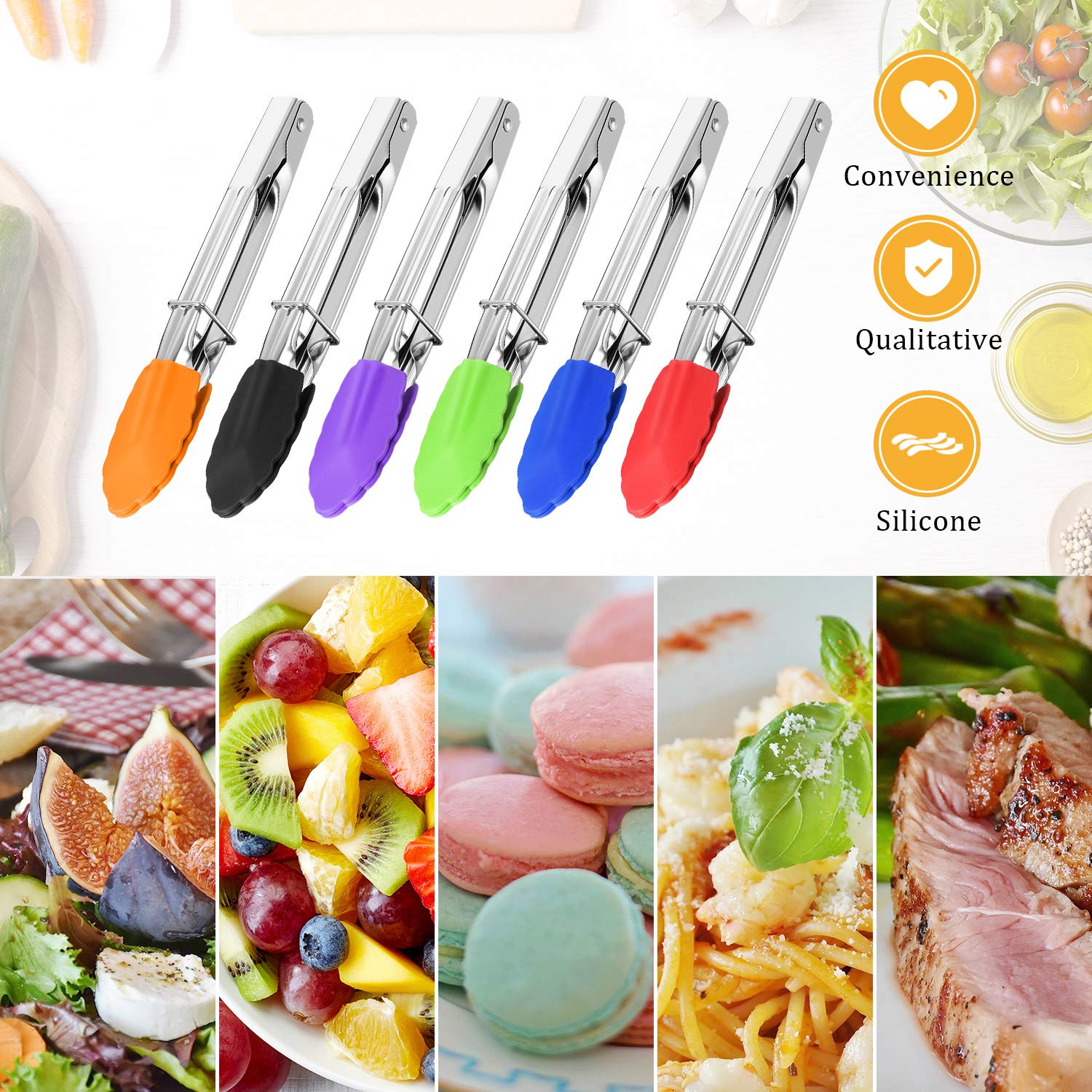 6 pinzas de silicona de 7 pulgadas, pinzas pequeñas de bloqueo de metal para cocinar a la parrilla, 6 colores 7