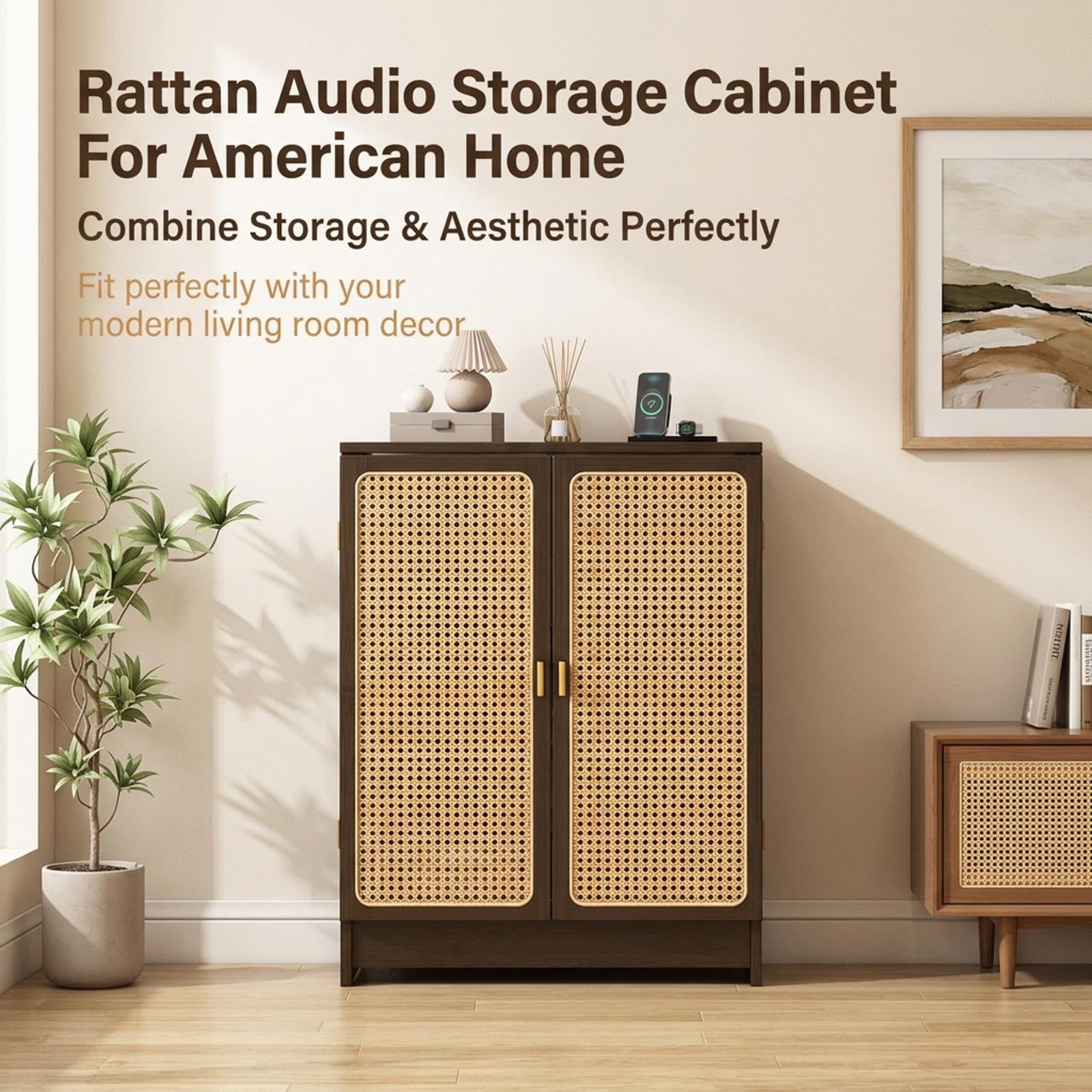Mueble Audio Multimedia de Suelo con Puerta de Ratán