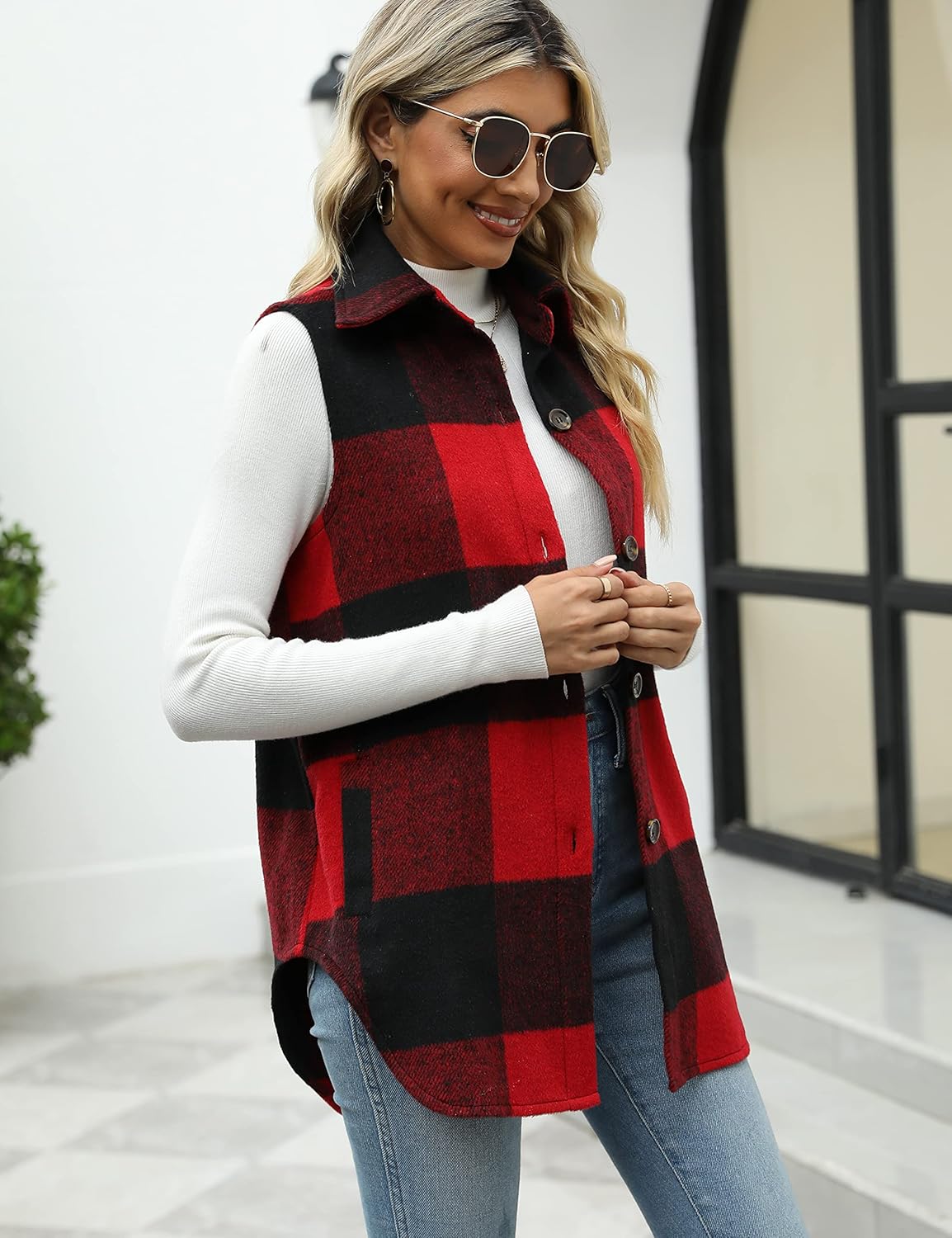 Tanming Women's Plaid Vest Brushed Flannel Sleeveless Shacket Shirt Jacket with Pockets - Image 6