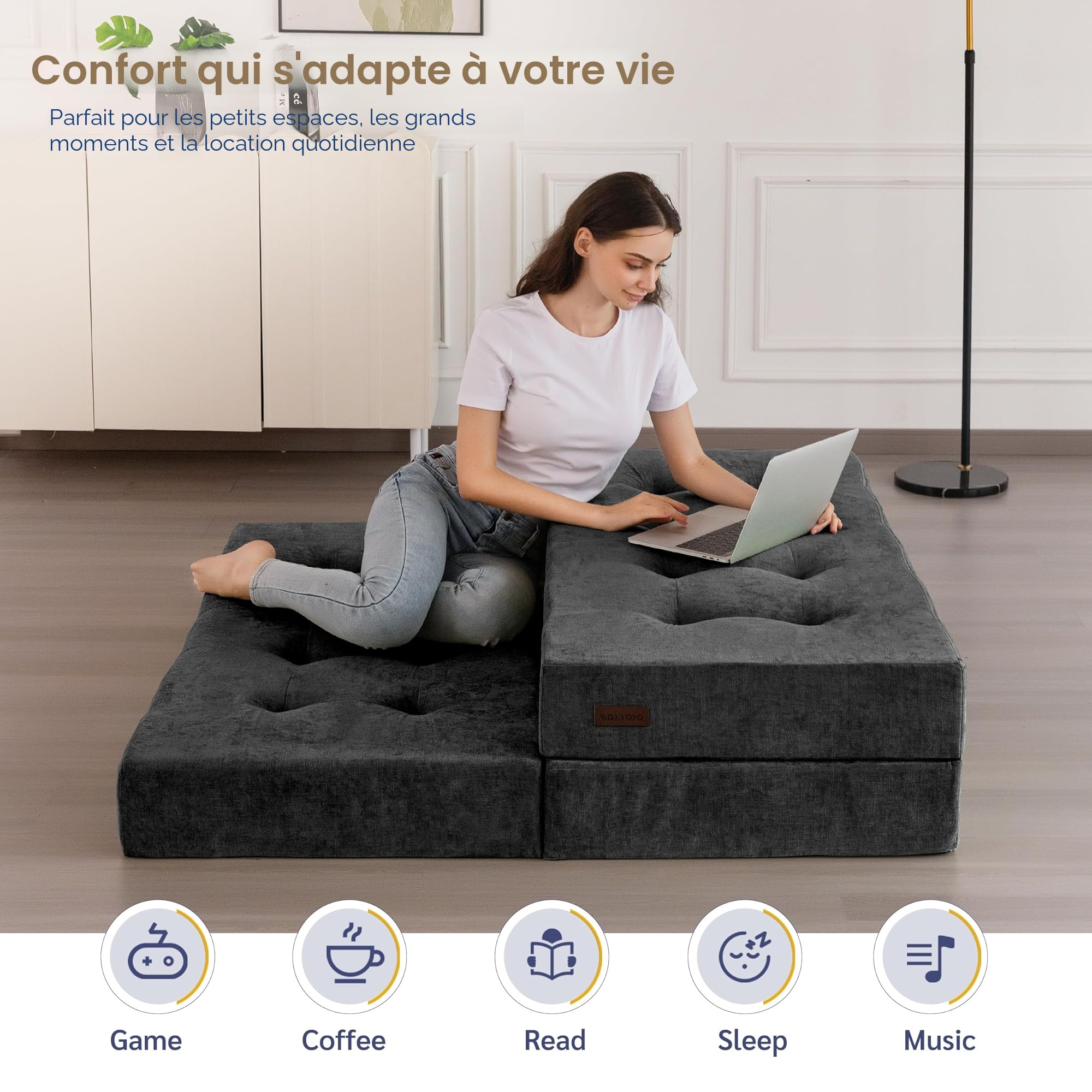 MAXYOYO Matelas Pliant 15 cm Célibataire, Confortable de avec Tissu Chenille, Canapé-Lit de Futon à Trois Fois pour Invité, Topper Sol pour Le Camping.