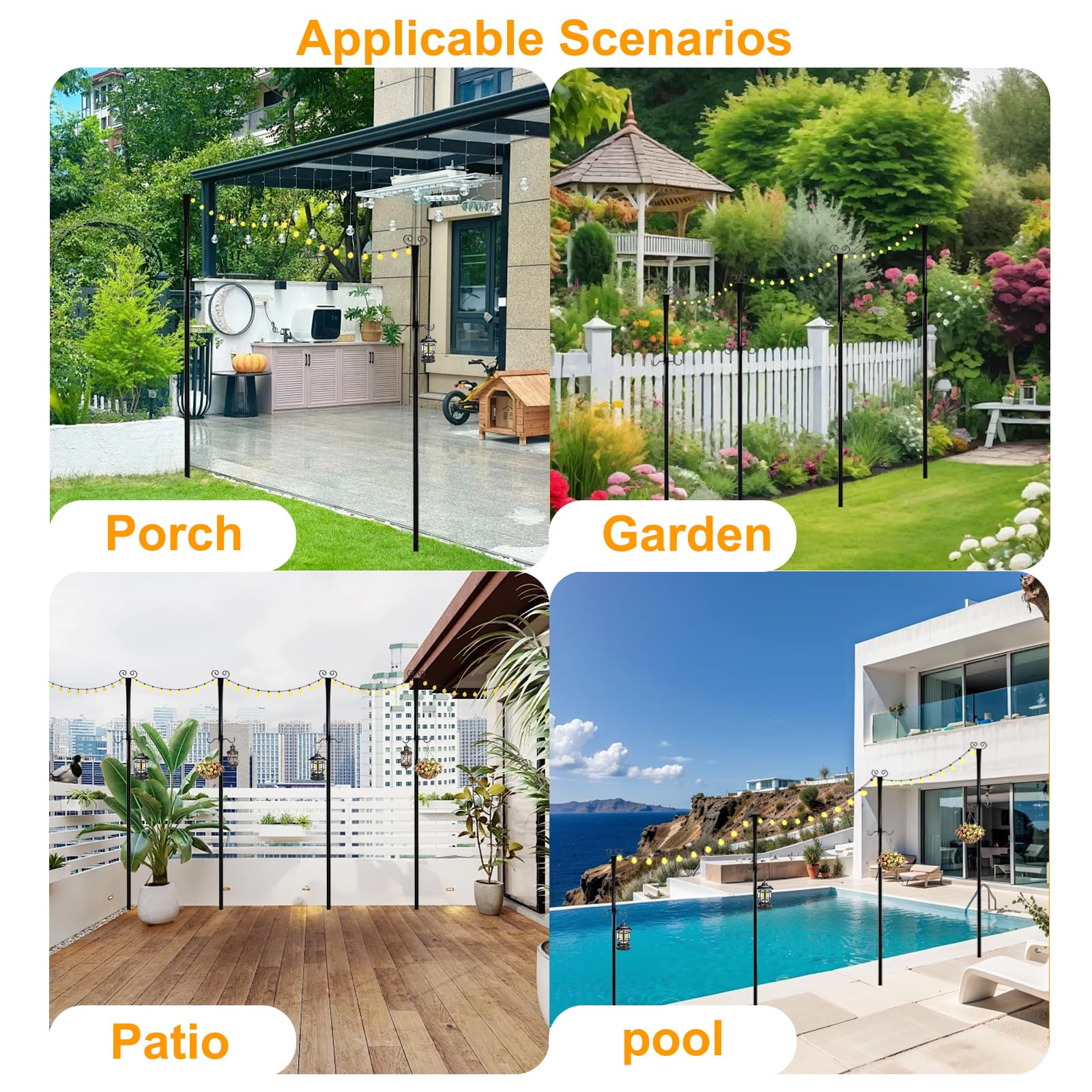 4 postes de luz festoon, postes de bandera de hierro resistente de 10 pies para jardín con tenedor y 2 ganchos, poste de altura ajustable para exteriores, jardín, patio, terraza, patio, patio