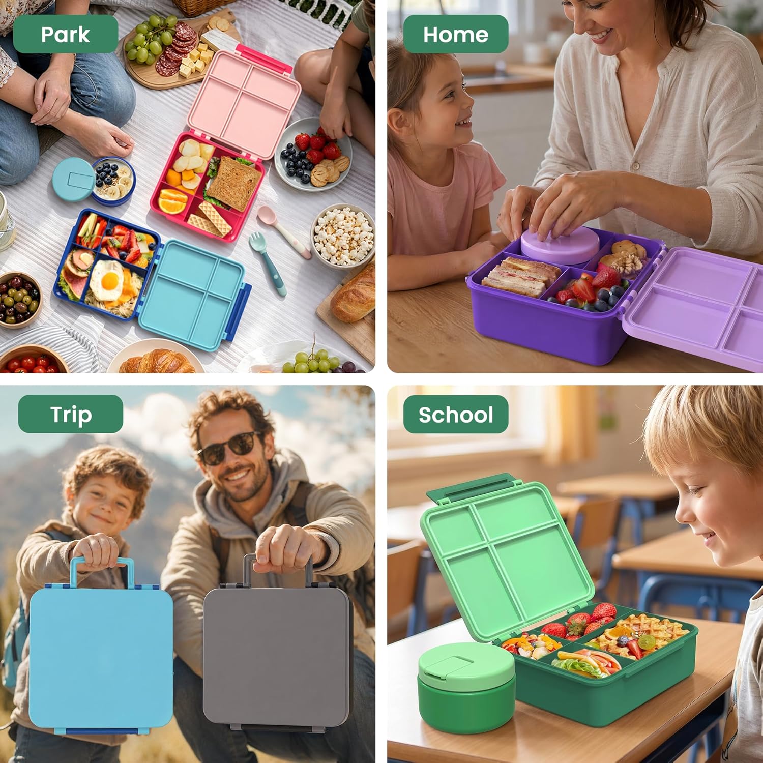 LOHASOK Bento Lunch Box Kids with 8oz Soup Thermo, Leak-Proof Lunch Containers with 4 Compartment, Thermo Hot Food Jar and Insulated Lunch Box for School Green