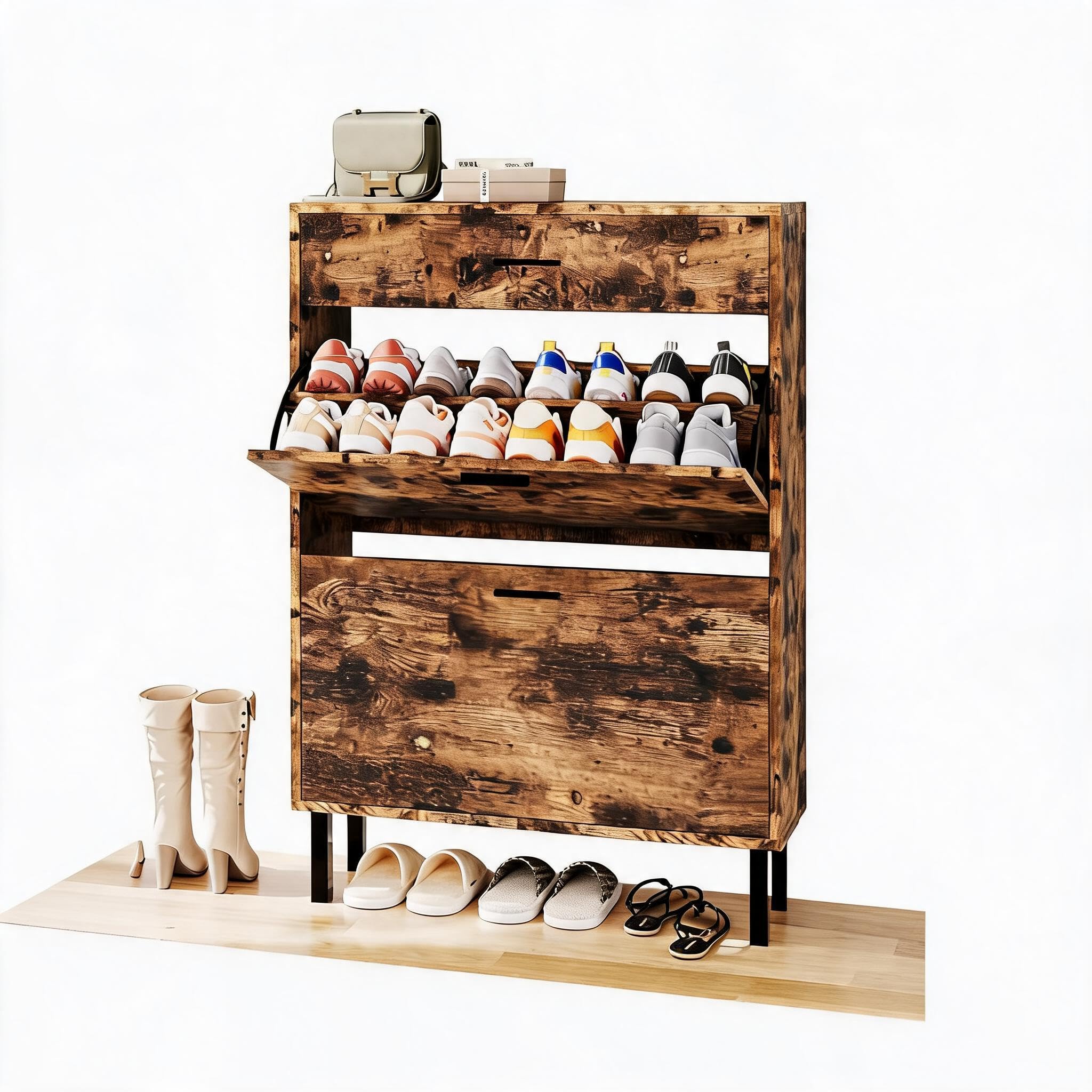 Acekool Zapatero Estrecho Independiente de Madera - Armario con Puertas abatibles y estantes Ajustables - Ideal para recibidor o Pasillo - Organizador para Zapatillas, Tacones y Botas - Color Madera