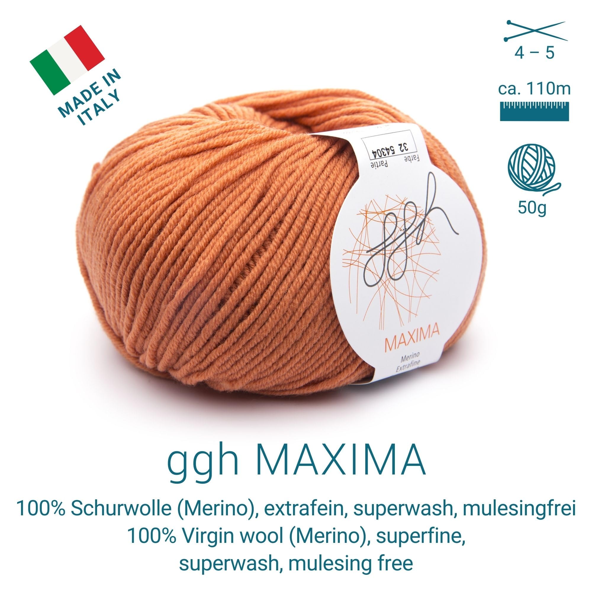 ggh Maxima Box - 6x50g (insgesamt 300g) Merinowolle extrafein und maschinenwaschbar - Nadelstärke 4-5 Farbe 032 - Rostorange