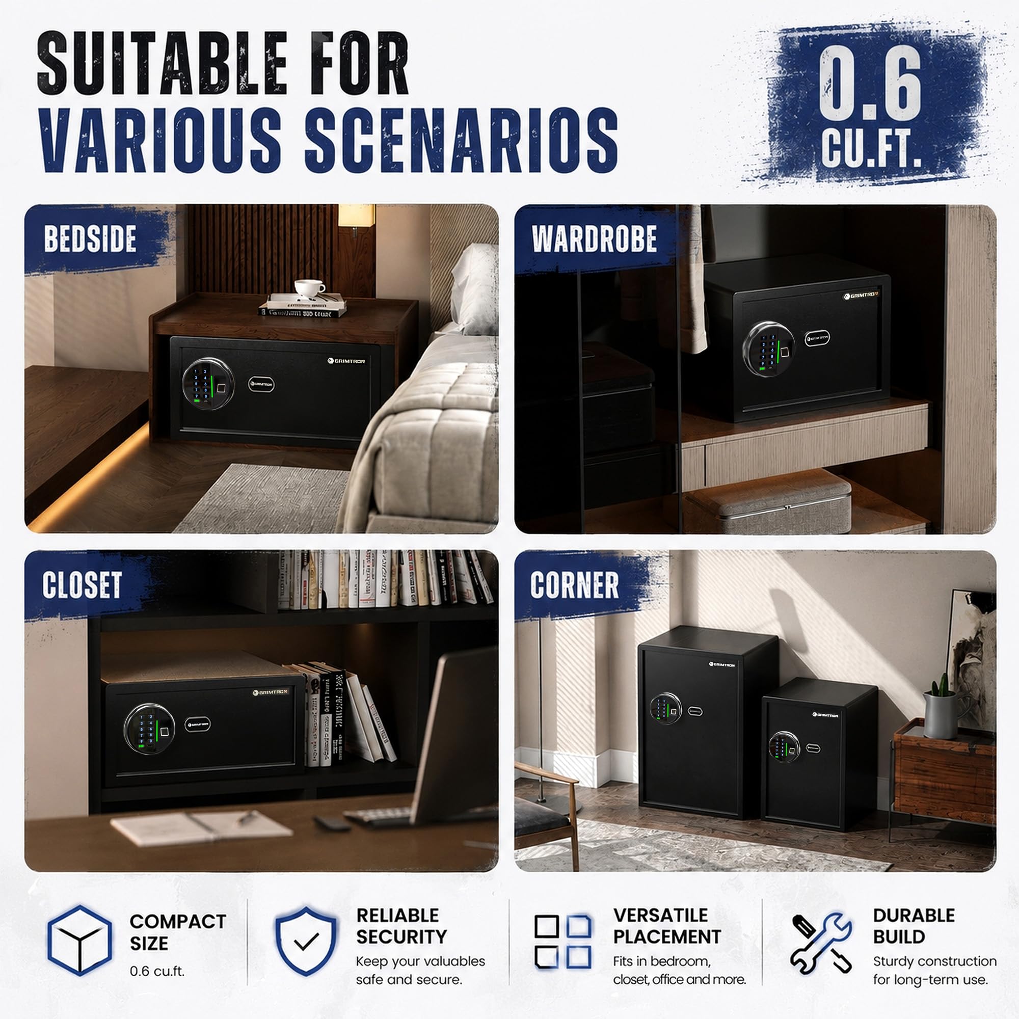 Grimtron Cassaforte biometrica intelligente con blocco delle impronte digitali, modalità silenziosa, tastiera retroilluminata e luce LED, piccola Caja Fuerte regali per uomini e donne (9,84 "H x 9,84