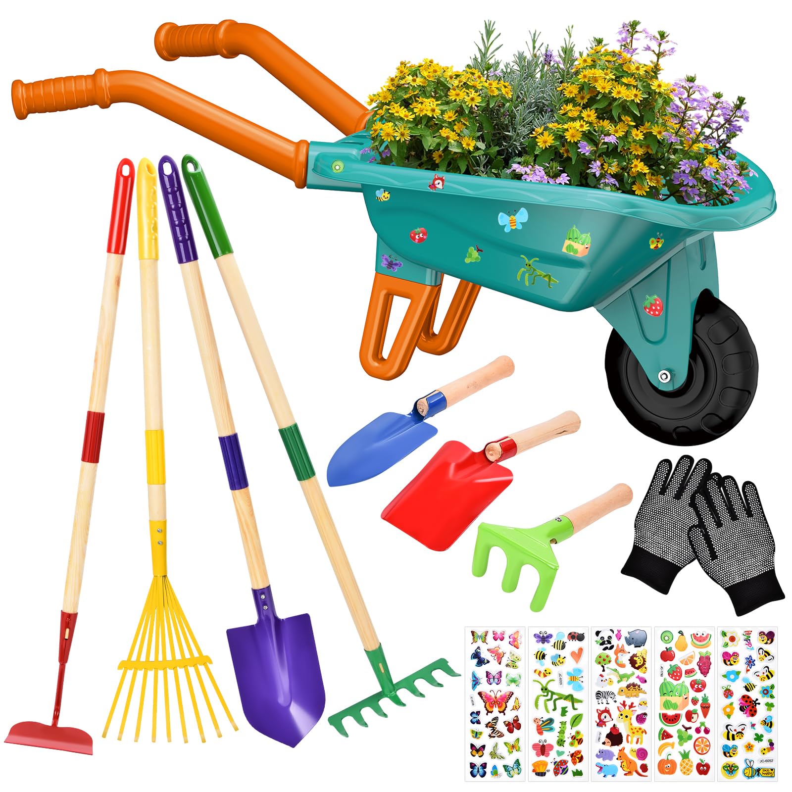 JONRRYIN Carriola per Bambini, Set Giardinaggio Bambini con Guanti, Vanga e Rastrello, Carriola da Giardino per Esterni, Giochi Educativi Bambini (Vert) - 1