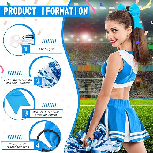 Miniatura 240 de Hanaive 3 pompones de animadora y lazo grande para animadora para el pelo, suministros metálicos para animadora de espíritu de equipo, deportes