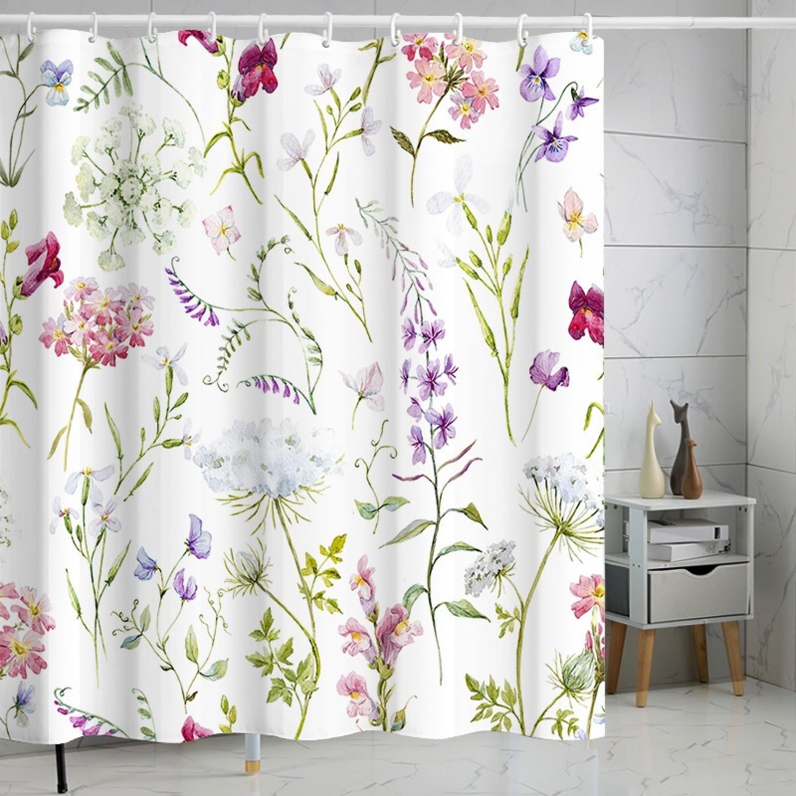 Shower Curtains Green Purple Plants Wet Room Shower Curtain Mould Proof Resistant Waterproof Polyster Fabric Washable with 12 Hooks Garden Bathroom Curtains (180x220cm)