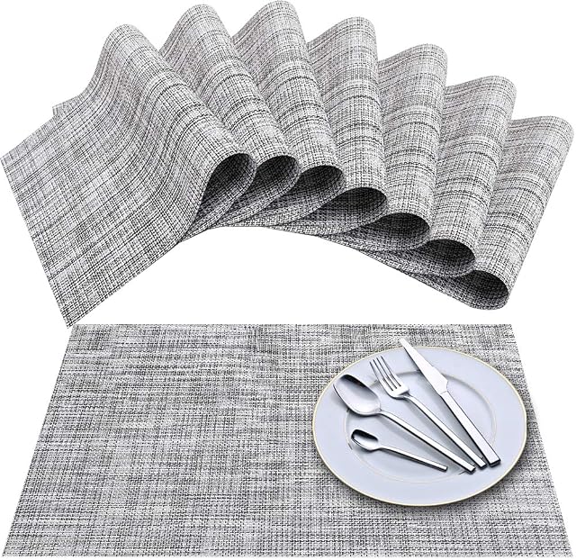 Newk Placemat, Crossweave Vinyl Woven Table Mats, Non-Slip Insulation Washable Table Mats Set (Set of 8, White Gray)