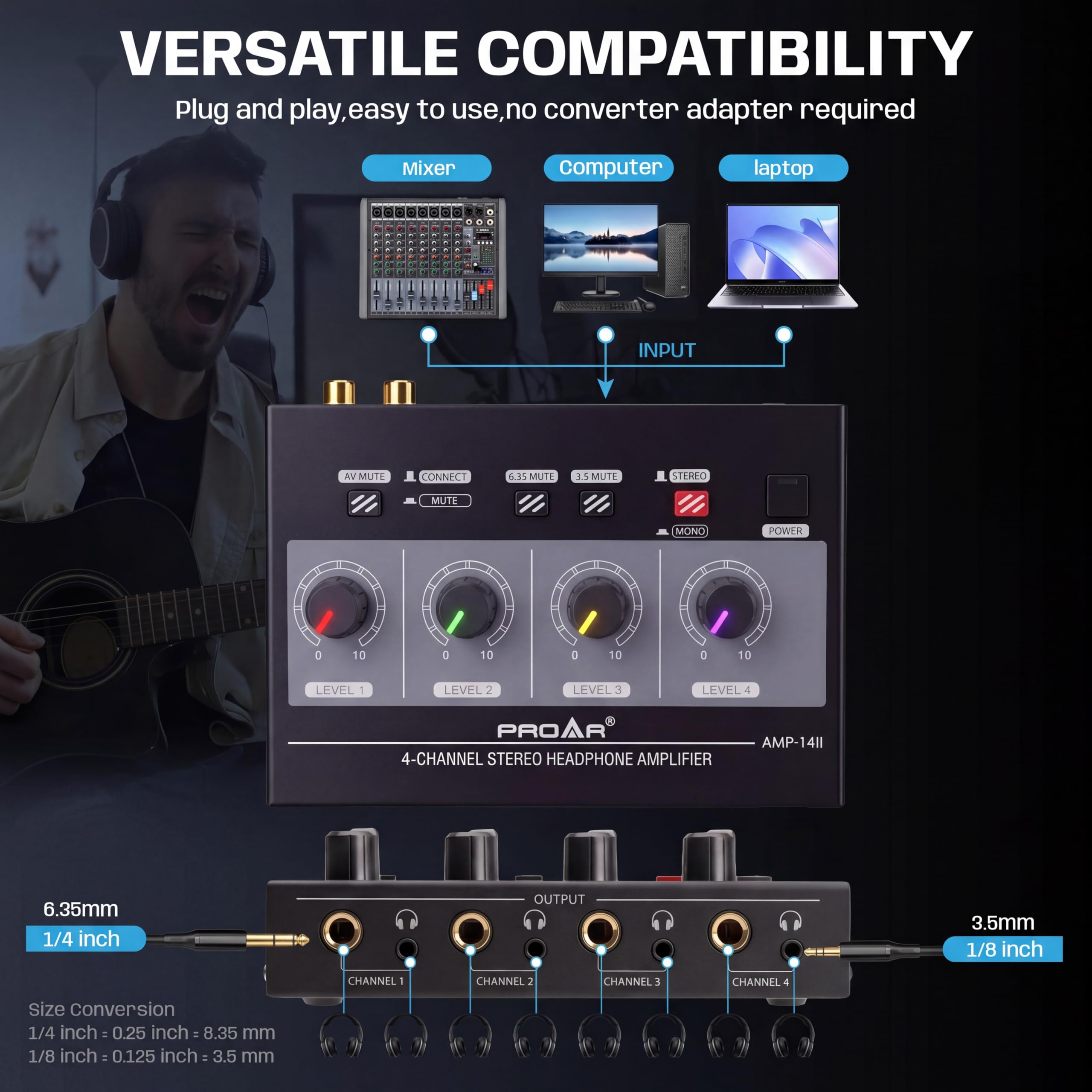 Amplificatore per cuffie a 4 canali con luce a 7 colori, amplificatore per cuffie per studio musicale con splitter audio per cuffie mono/stereo multi-porta in metallo con uscita cuffie TRS da 1