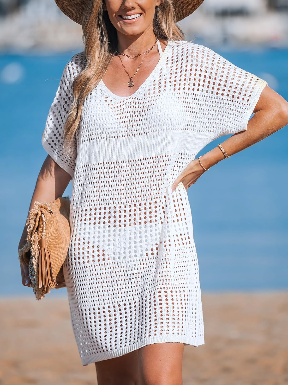 CUPSHE Traje de baño de ganchillo para mujer, vestido de playa de manga corta, cuello en V, salida de baño para traje de baño de playa