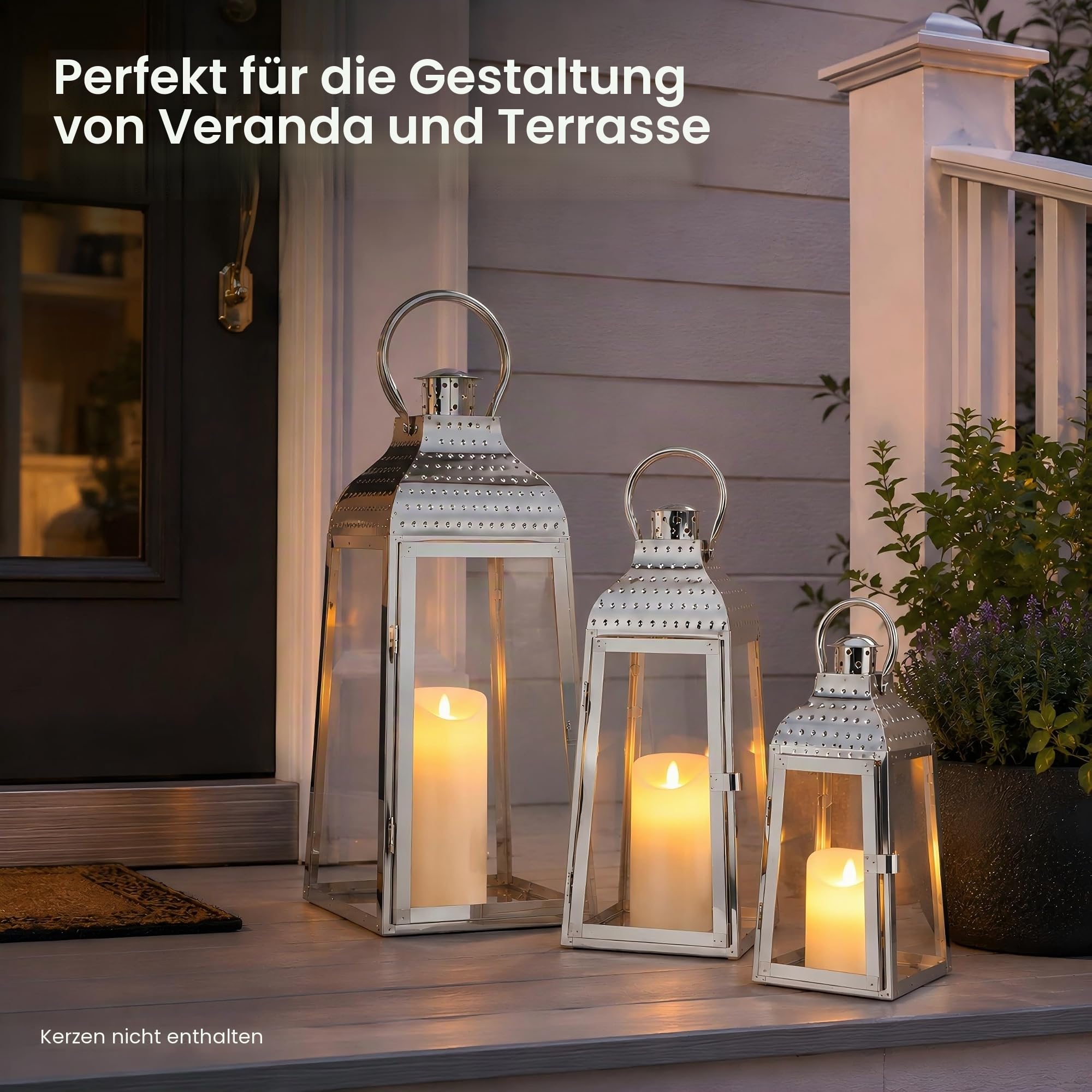 TRIROCKS 3er-Set Kerzenlaternen aus Edelstahl 52 cm & 41 cm & 30 cm Hoch Dekorative Kerzenhalter mit Gehärtetem Glas für Drinnen Draußen Veranda Garten Partys Hochzeiten Veranstaltungen (Silber)