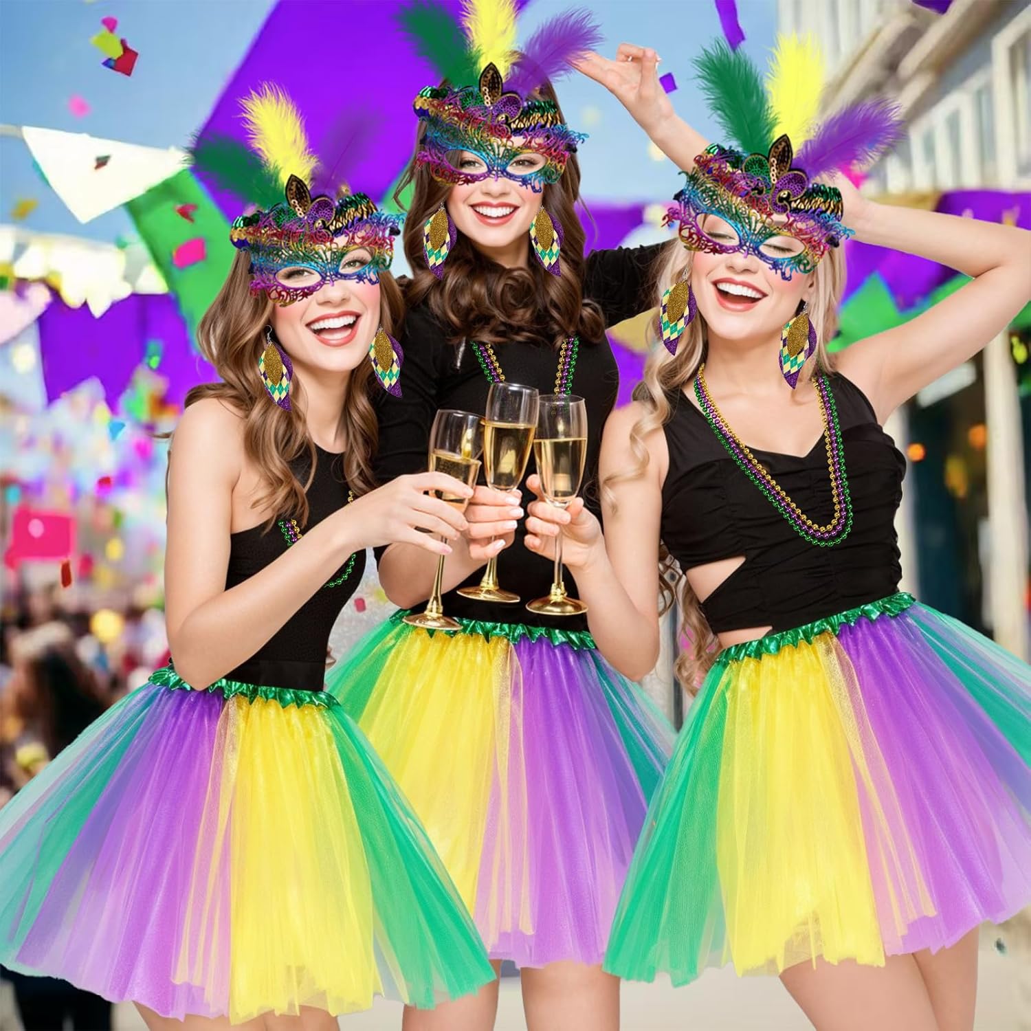 Aulauf Mardi-Gras Outfit for Women, Mardi-Gras Costumes Tutu Tulle Skirt Beads Mask Earrings Long Socks, Mardi-Gras Accessories for Women, Carnival Costumes Perfect for Mardi Gras Party - Image 2