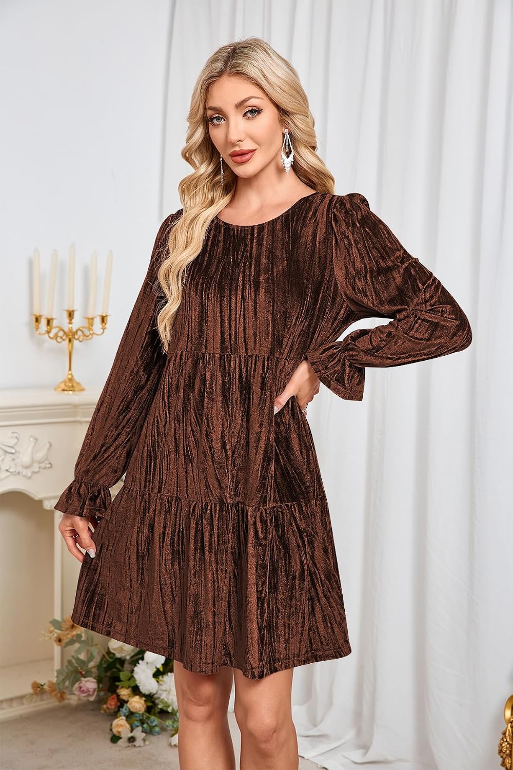 Naggoo Women's Puff Long Sleeve Babydoll Textured Velvet Dress with Pockets image 3