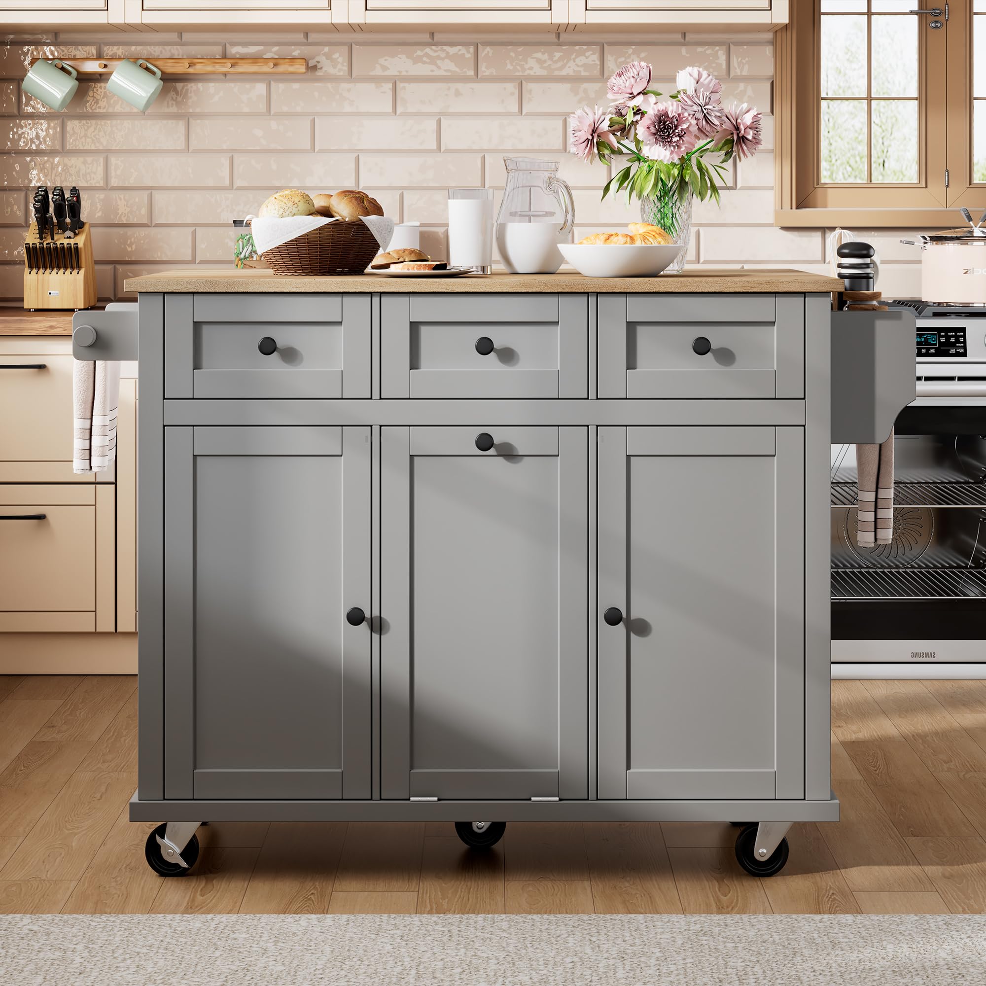 Chariot de cuisine à roulettes avec plan de travail rabattable, armoire de buffet, 2 tiroirs et 4 portes, pour cuisine et salle à manger, 112 x 74,6 x 94,2 cm (gris)
