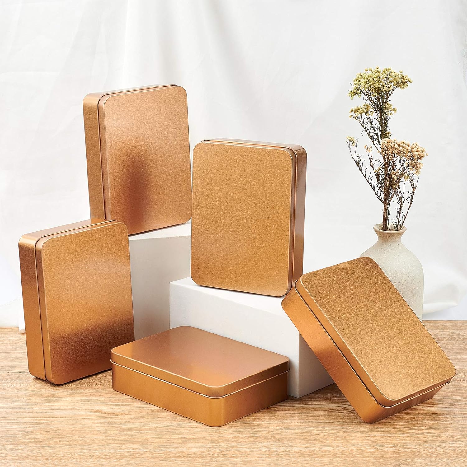OLYCRAFT 5Pcs Rectangular Tin Box Metal Tin Box with Lids Tinplate Boxes Mini Portable Boxes Containers for Beads Jewelry Storage Matte Gold Color 6x4.4x1.6 Inch