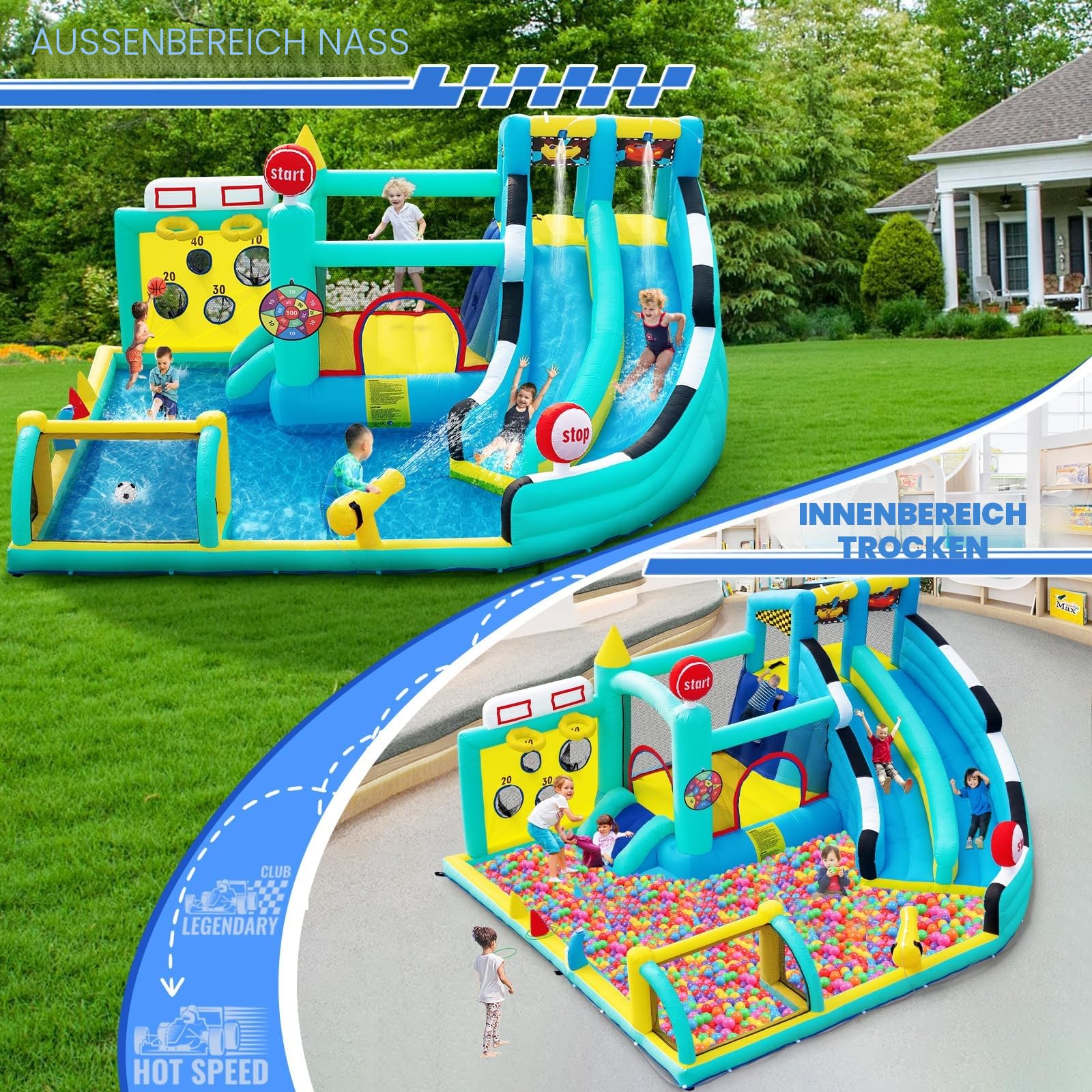 Hüpfburg XXL mit Wasserrutsche, Aufblasbare Bounce House für Kinder Outdoor Indoor, Gebläse, Springen, Planschbecken, Kletterwand, Wasserspray, 470×400×220cm