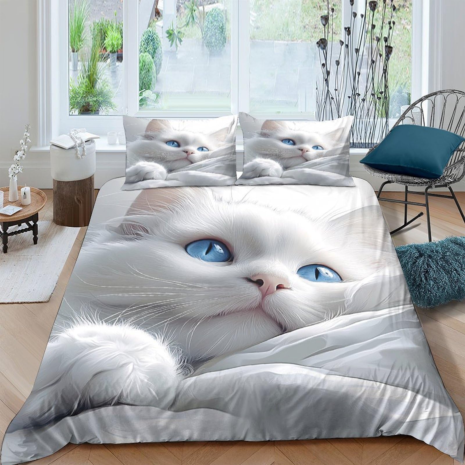 Ctjqhvkz Style-3 3D Printed Blue Eyed Cat Fitted Sheet Microfiber Soft Anti-Slip White Fluffy Cat Bed Cover For Bedroom Guest Room Single（135X200cm）
