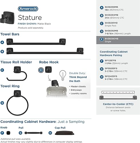 Vista 218 de Amerock Toallero negro mate – 7-9/16 pulgadas (7.559 in) de longitud – Soporte para toallas de baño y cocina Mate negro