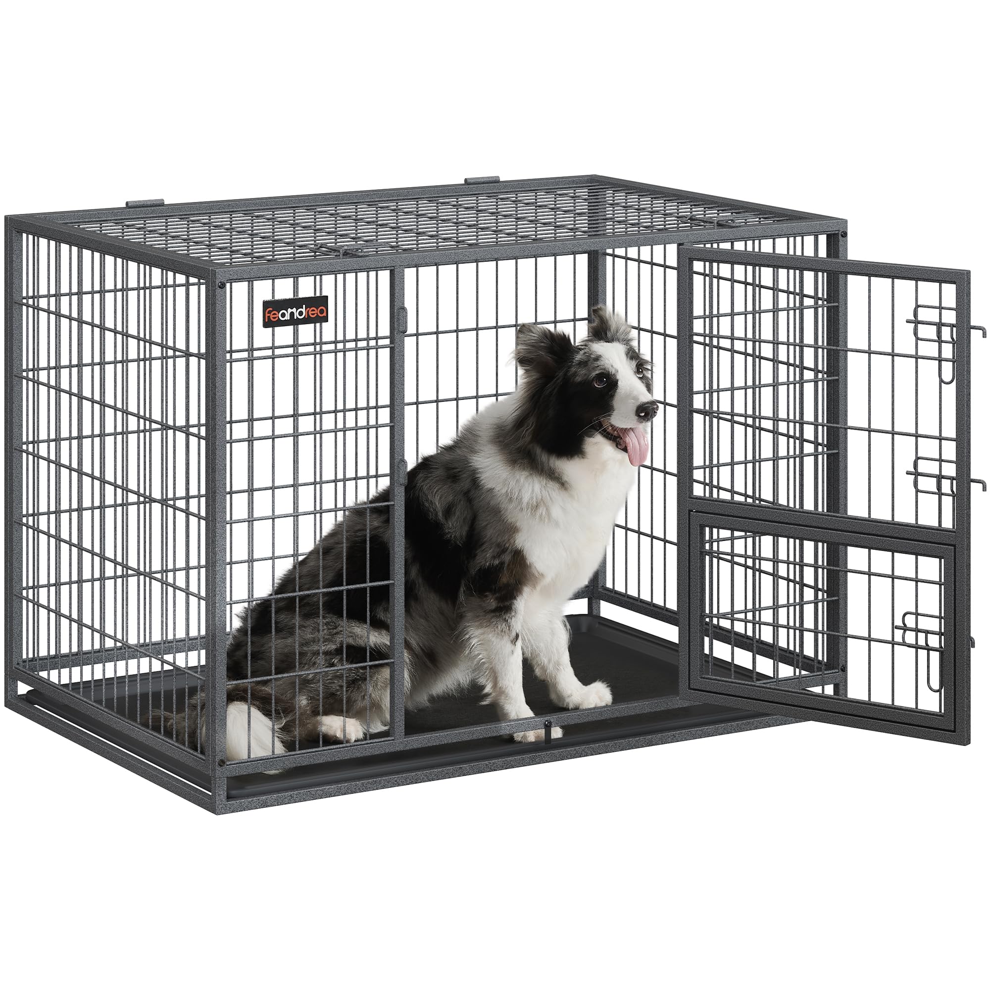 Feandrea Jaula Pesada para Perros, Jaula de Mascotas, 107 x 70 x 75 cm, para Perros Medios y Grandes, Antiescape, Doble Puerta Extraíble, Parque, XL, Gris PPD001G01