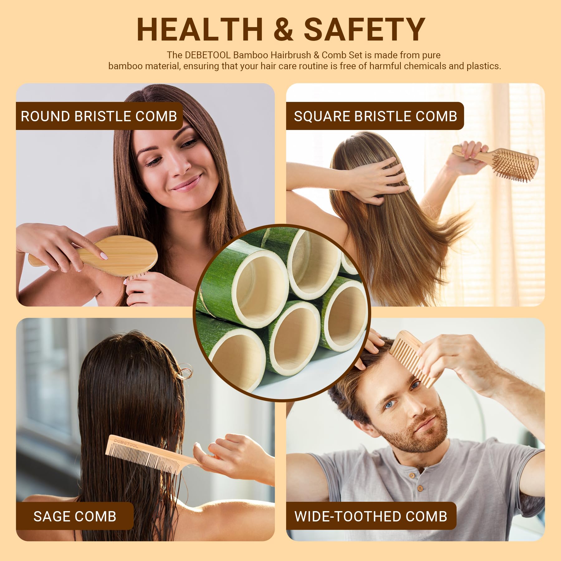 DEBETOOL Juego de cepillo y peine de bambú, cepillo de madera natural y bambú para el crecimiento del cabello con peine de cola de dientes anchos, diseño ergonómico para cabello grueso, fino, rizado,