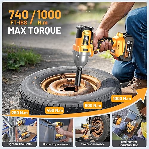 Miniatura 3 de Llave de impacto inalámbrica de 740 pies-libras (1000N.m) 3300RPM pistola de impacto de alto par de 12 pulgada, destornillador de impacto eléctrico,