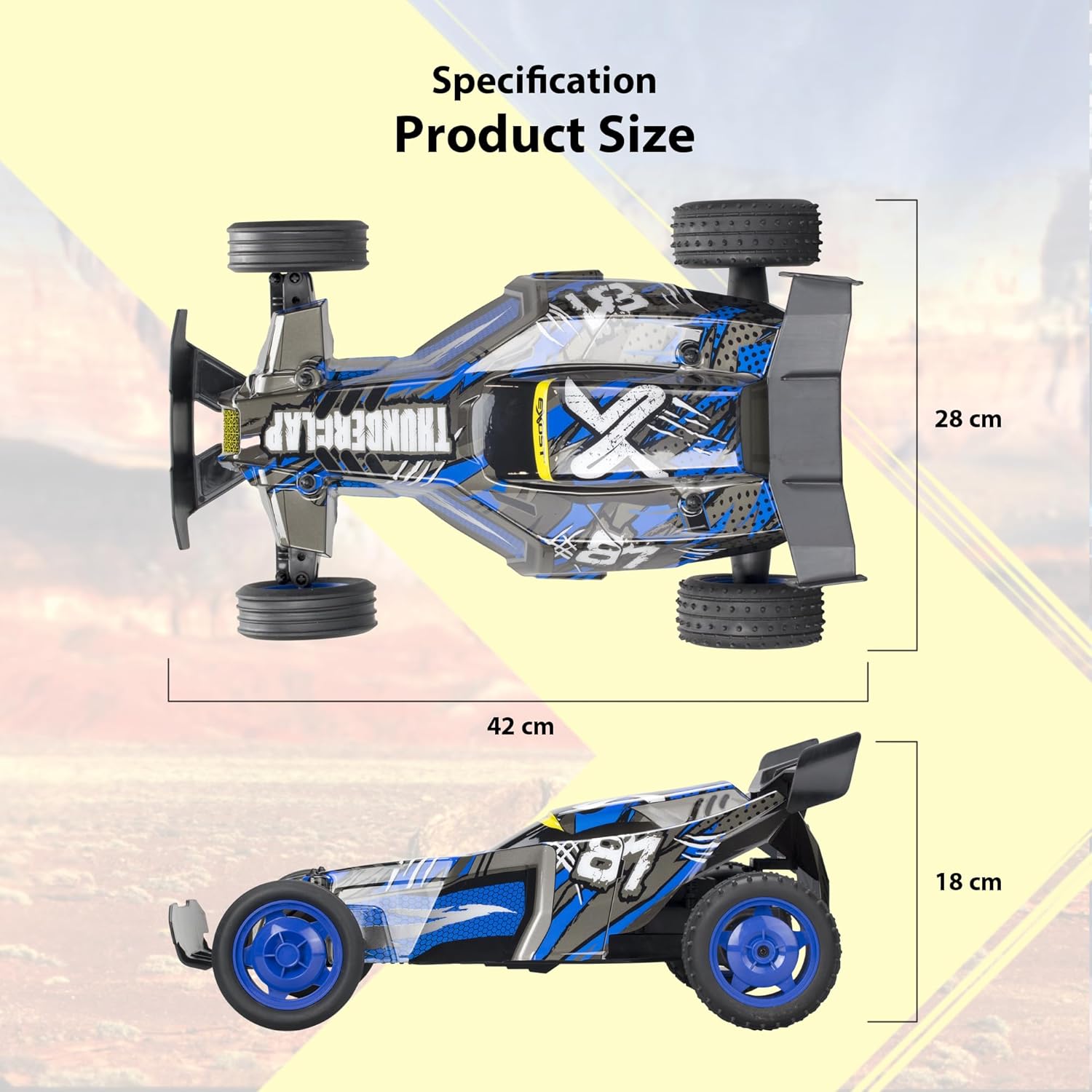 Top-down and side view of the Silverlit Exost Thunder Clap RC Buggy with dimensions labeled: 42 cm length, 28 cm width, 18 cm height